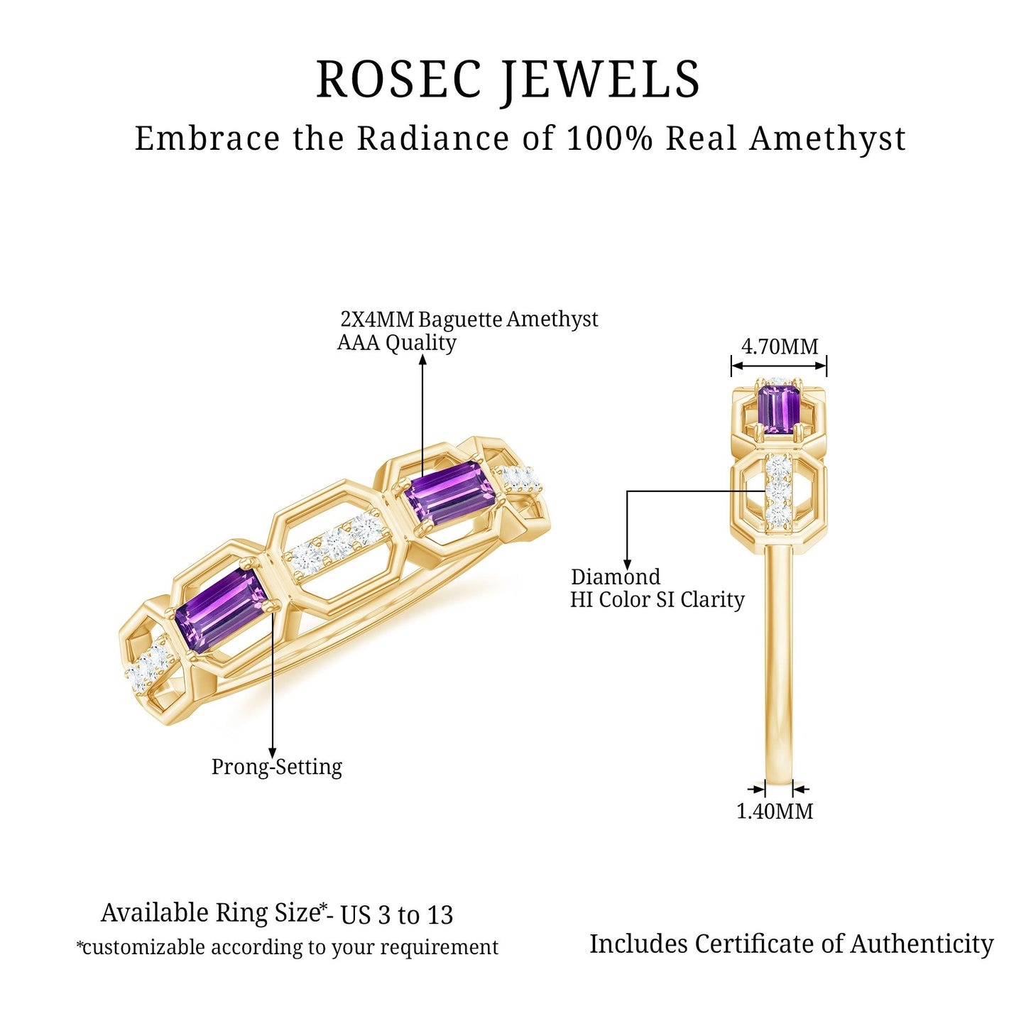 Amethyst and Diamond Geometric Half Eternity Ring