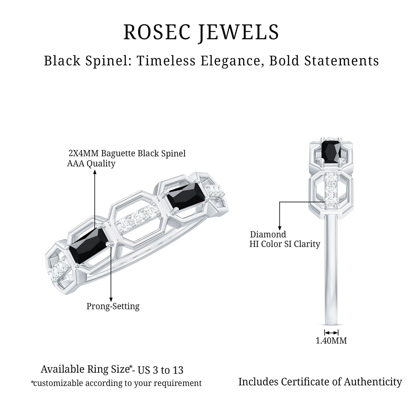 Natural Baguette Black Spinel Diamond Geometric Band Ring