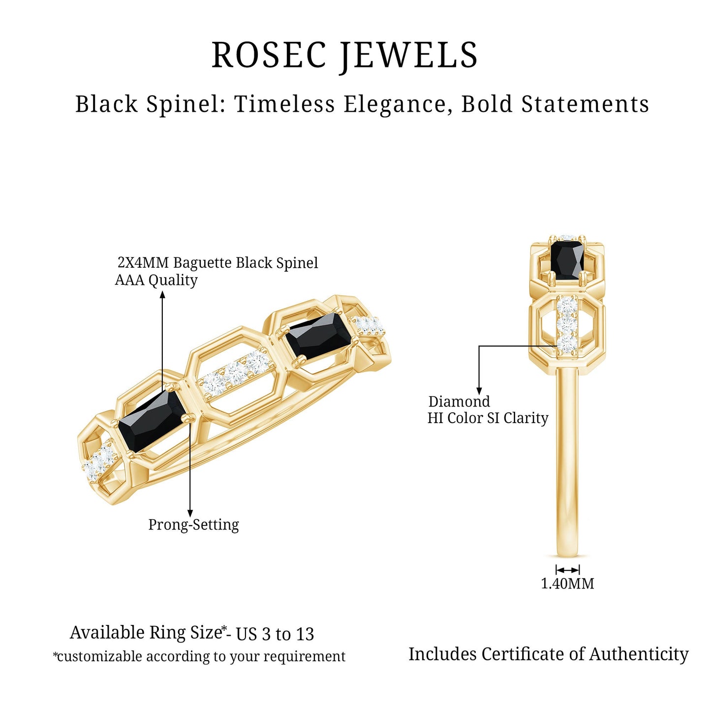 Natural Baguette Black Spinel Diamond Geometric Band Ring
