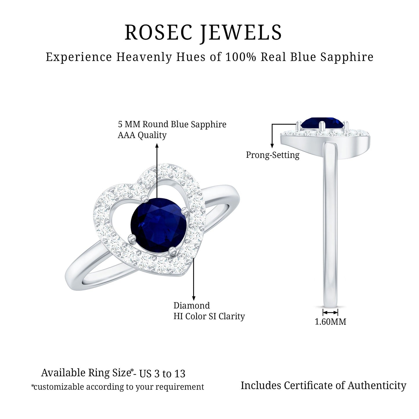 Real Blue Sapphire and Diamond Heart Engagement Ring