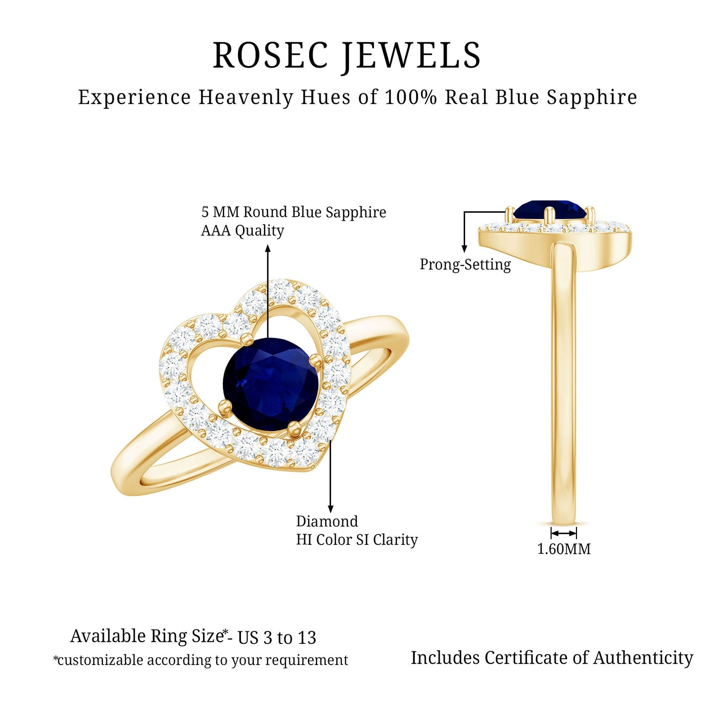 Real Blue Sapphire and Diamond Heart Engagement Ring
