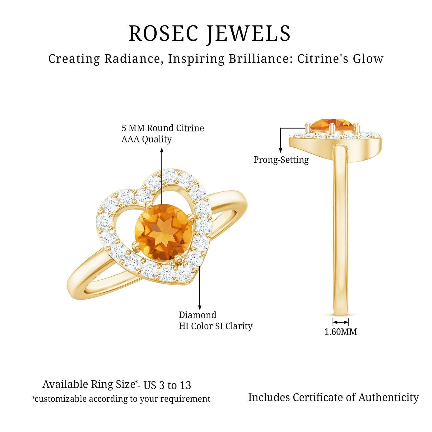 Genuine Citrine Diamond Heart Engagement Ring with Certificate