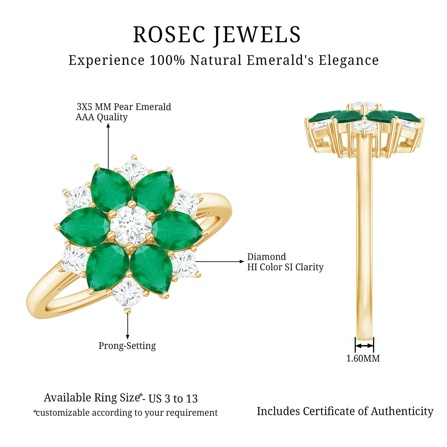 Genuine Emerald and Diamond Nature Inspired Statement Ring