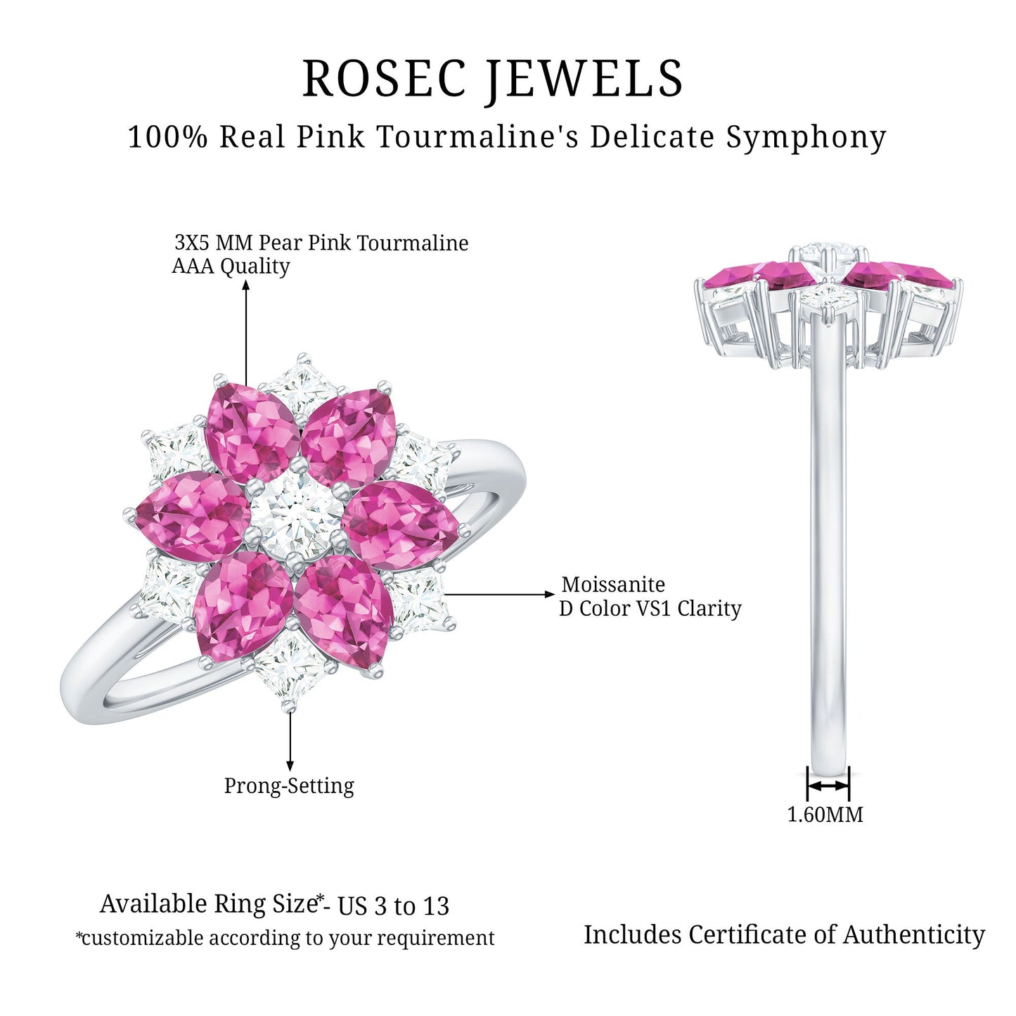 Genuine Pink Tourmaline Flower Engagement Ring with Moissanite