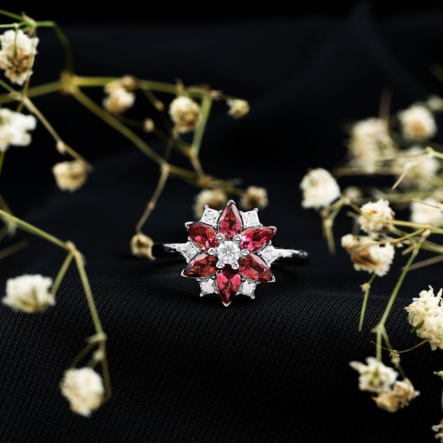 Genuine Pink Tourmaline Flower Engagement Ring with Moissanite