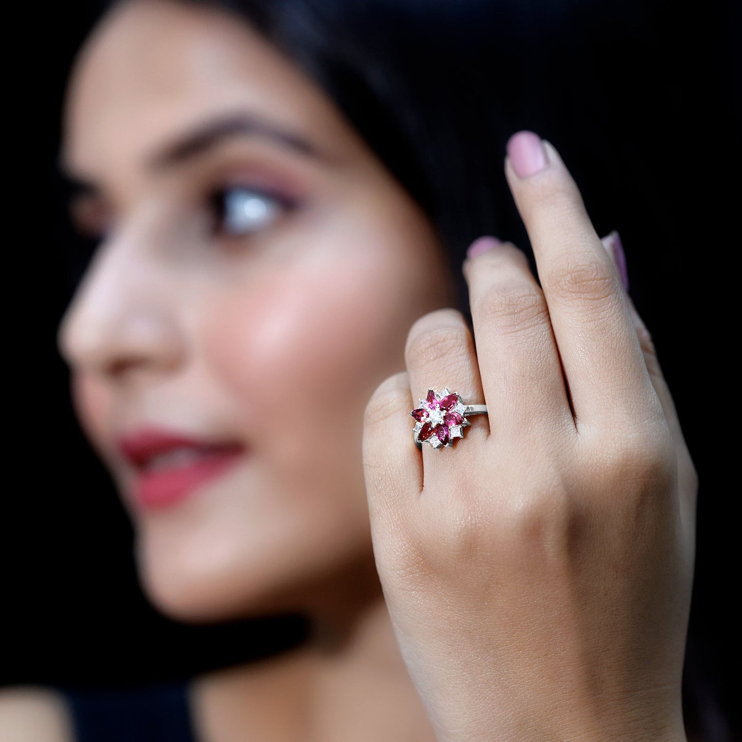 Genuine Pink Tourmaline Flower Engagement Ring with Moissanite