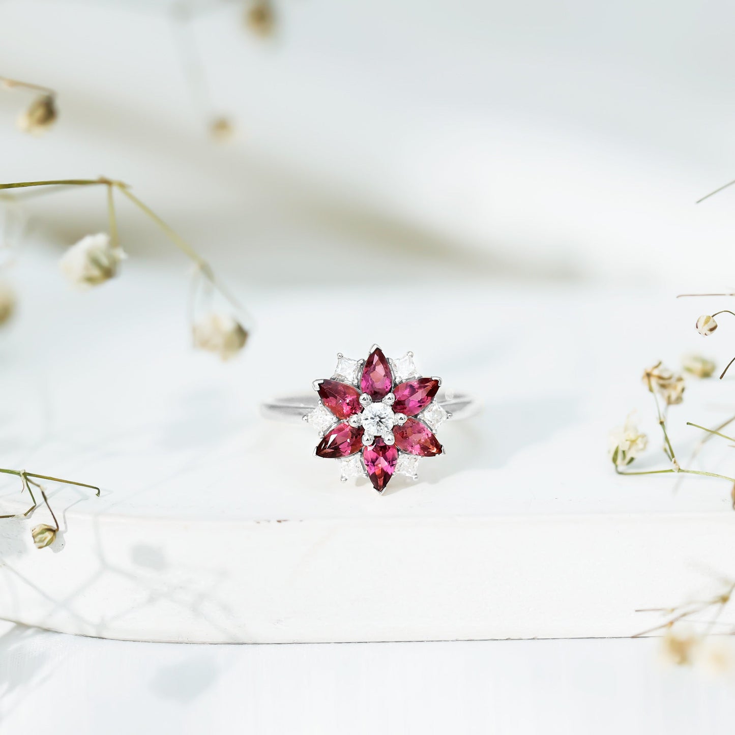 Genuine Pink Tourmaline Flower Engagement Ring with Moissanite