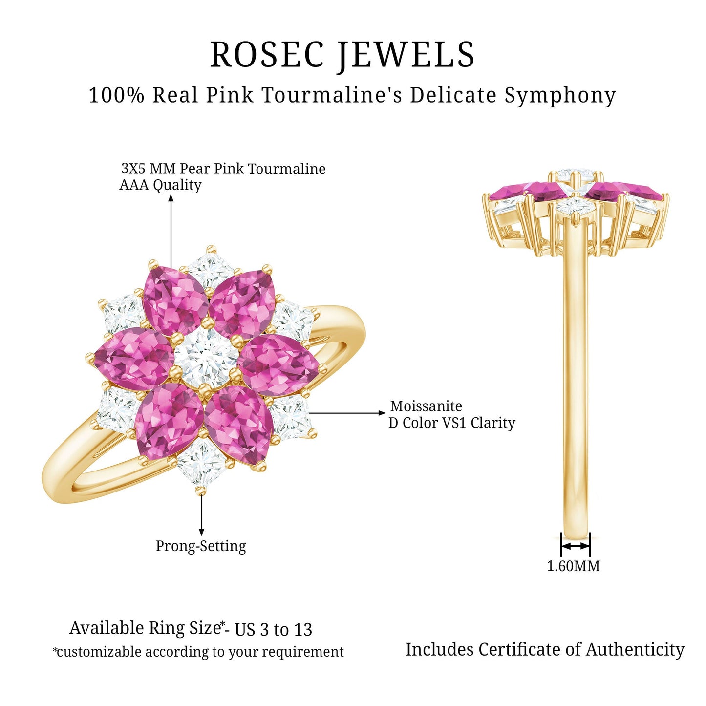 Genuine Pink Tourmaline Flower Engagement Ring with Moissanite