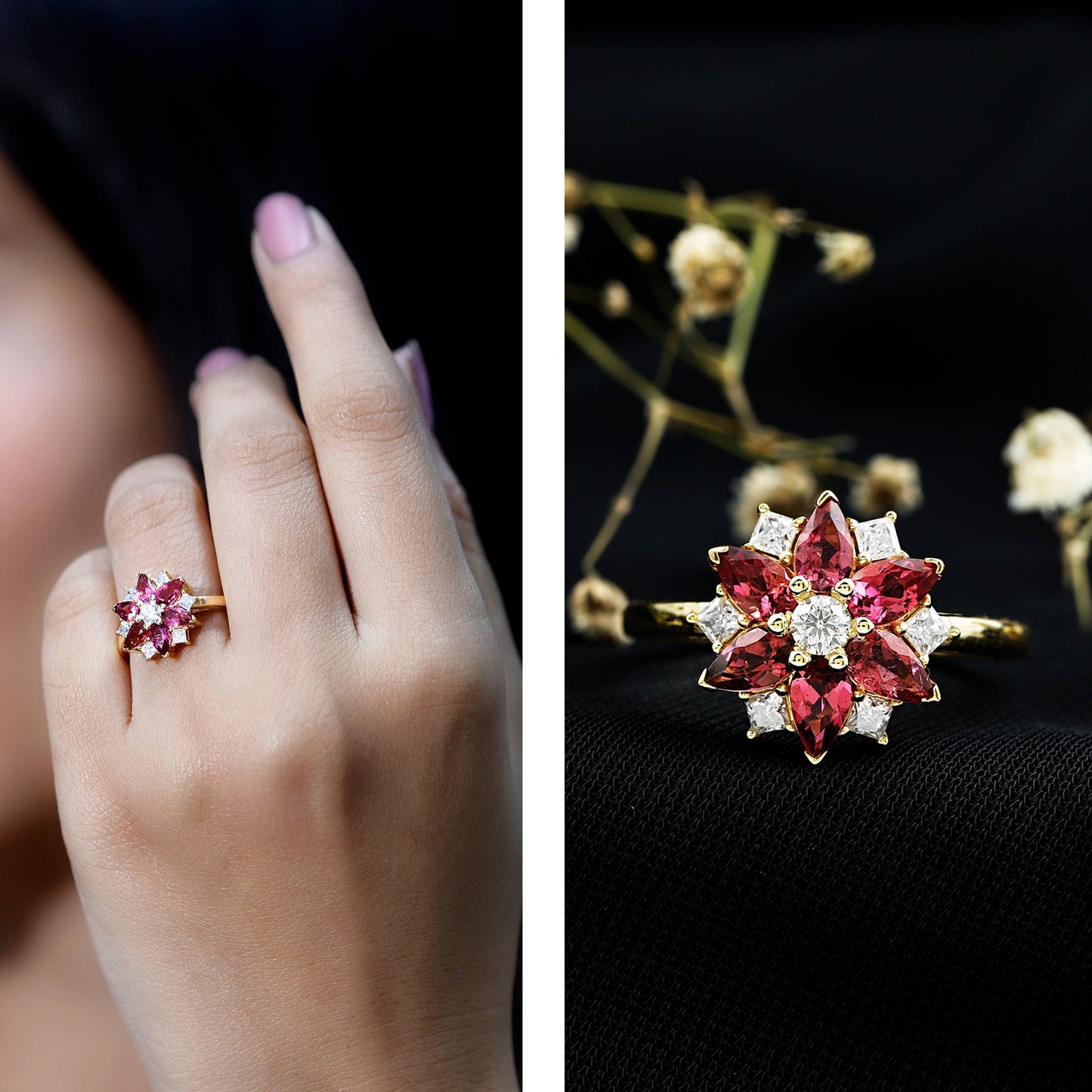 Genuine Pink Tourmaline Flower Engagement Ring with Moissanite