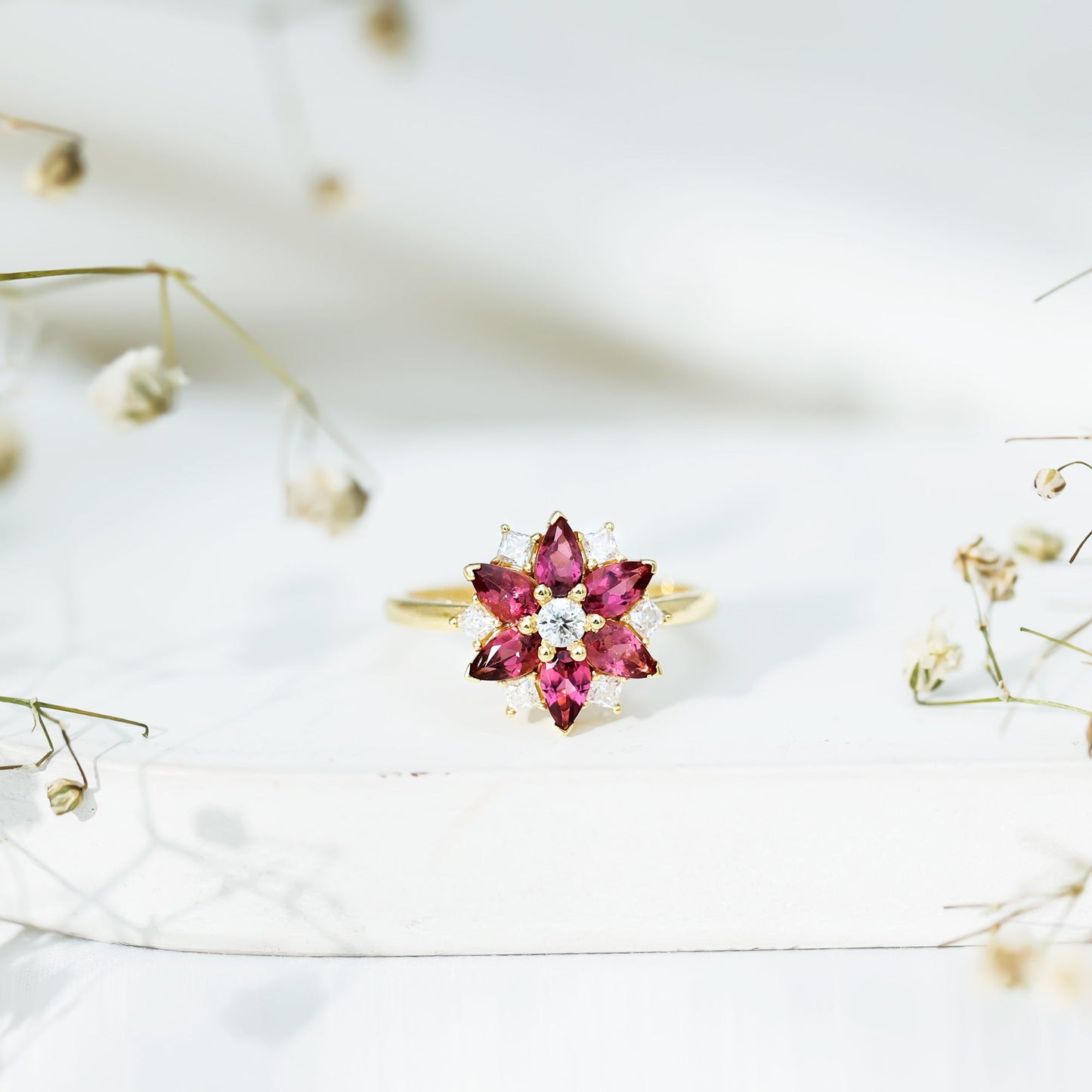 Genuine Pink Tourmaline Flower Engagement Ring with Moissanite