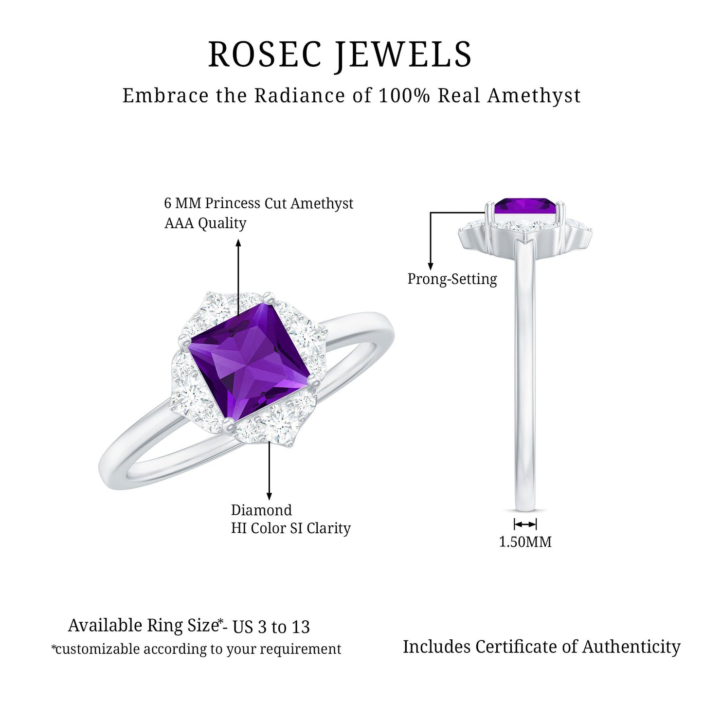 Princess Cut Amethyst and Diamond Flower Halo Ring
