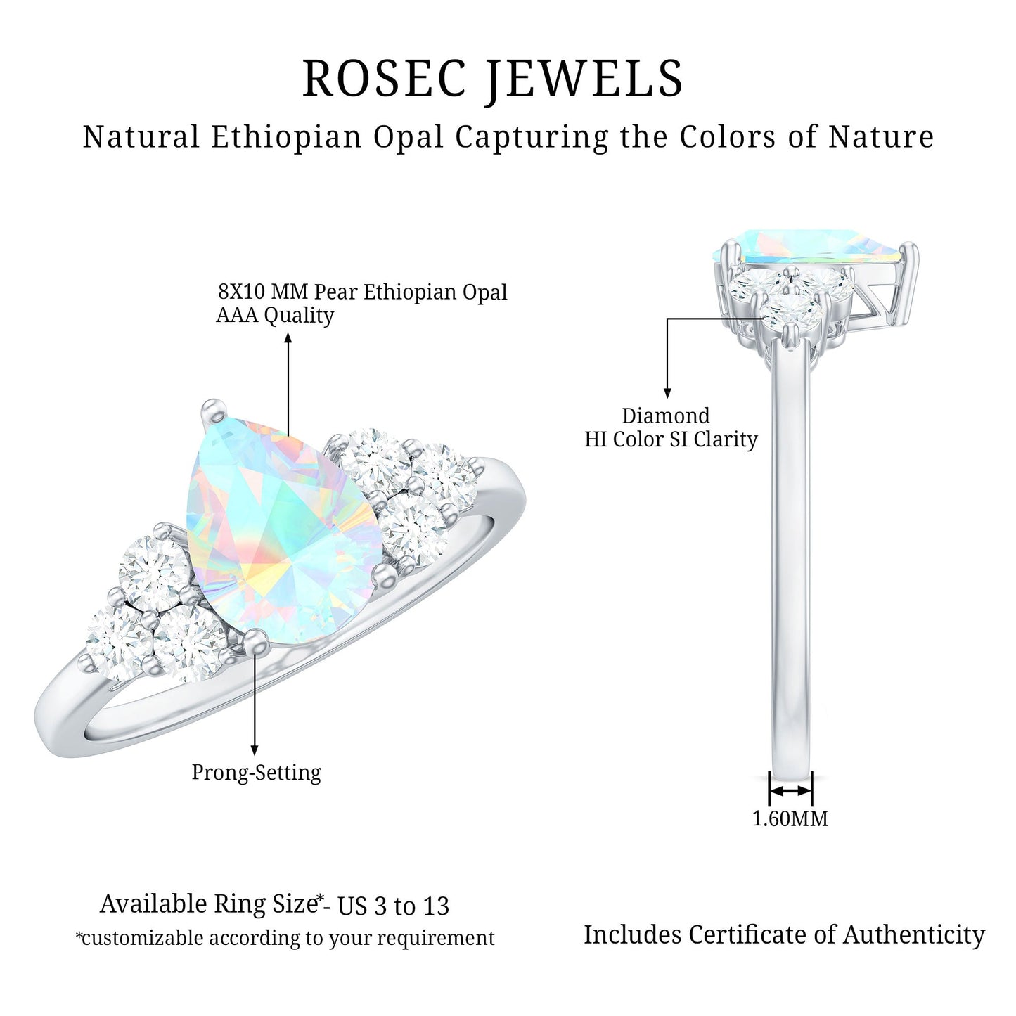 Natural 8X10mm Ethiopian Opal Pear Shaped Engagement Ring with Diamond Trio