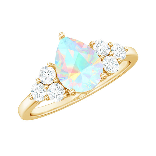 Natural 8X10mm Ethiopian Opal Pear Shaped Engagement Ring with Diamond Trio
