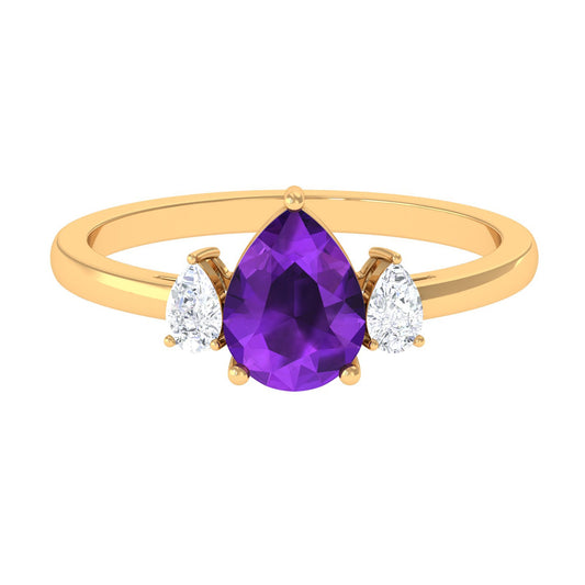 Pear Shape Amethyst Solitaire Ring with Diamond Side Stones