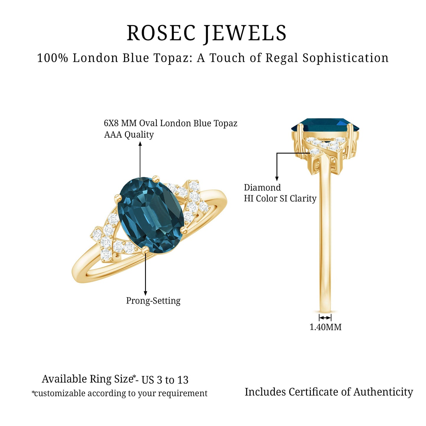 6X8mm Oval Cut London Blue Topaz Solitaire Engagement Ring with Split Shank