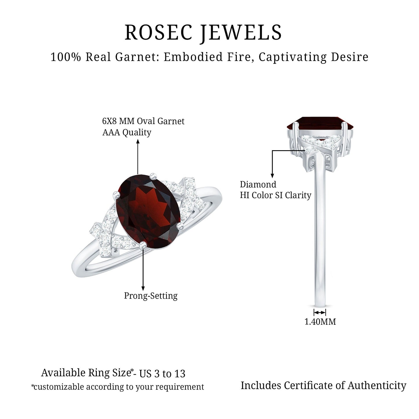 Real 6X8mm Garnet Oval Engagement Ring with Diamond Split Shank