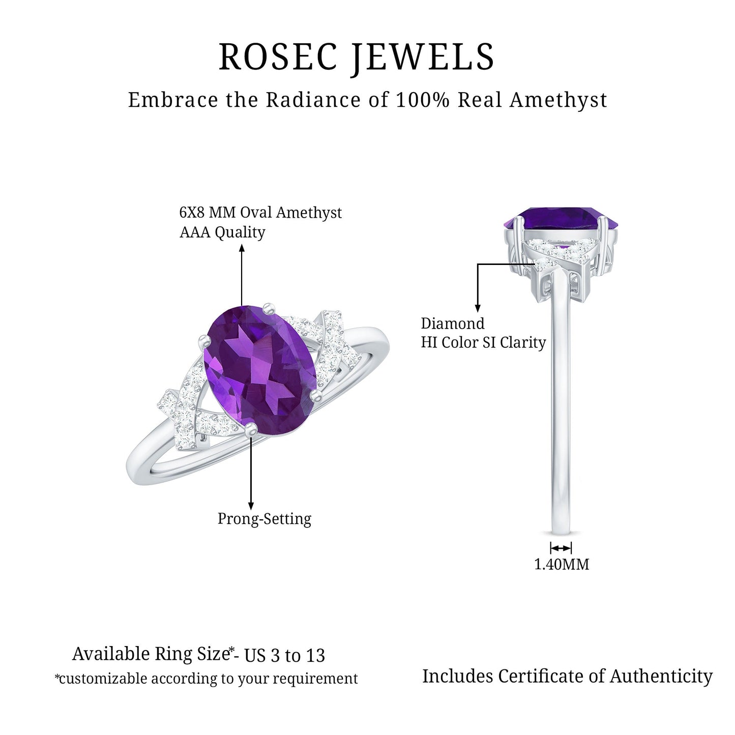 Oval Amethyst Solitaire Ring with Diamond in Split Shank
