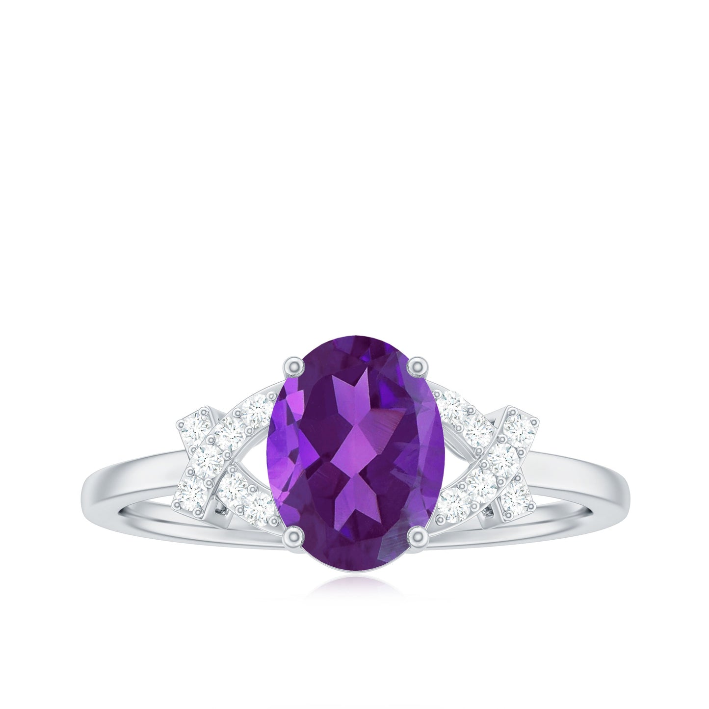 Oval Amethyst Solitaire Ring with Diamond in Split Shank