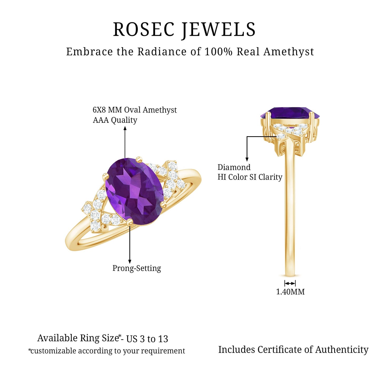 Oval Amethyst Solitaire Ring with Diamond in Split Shank