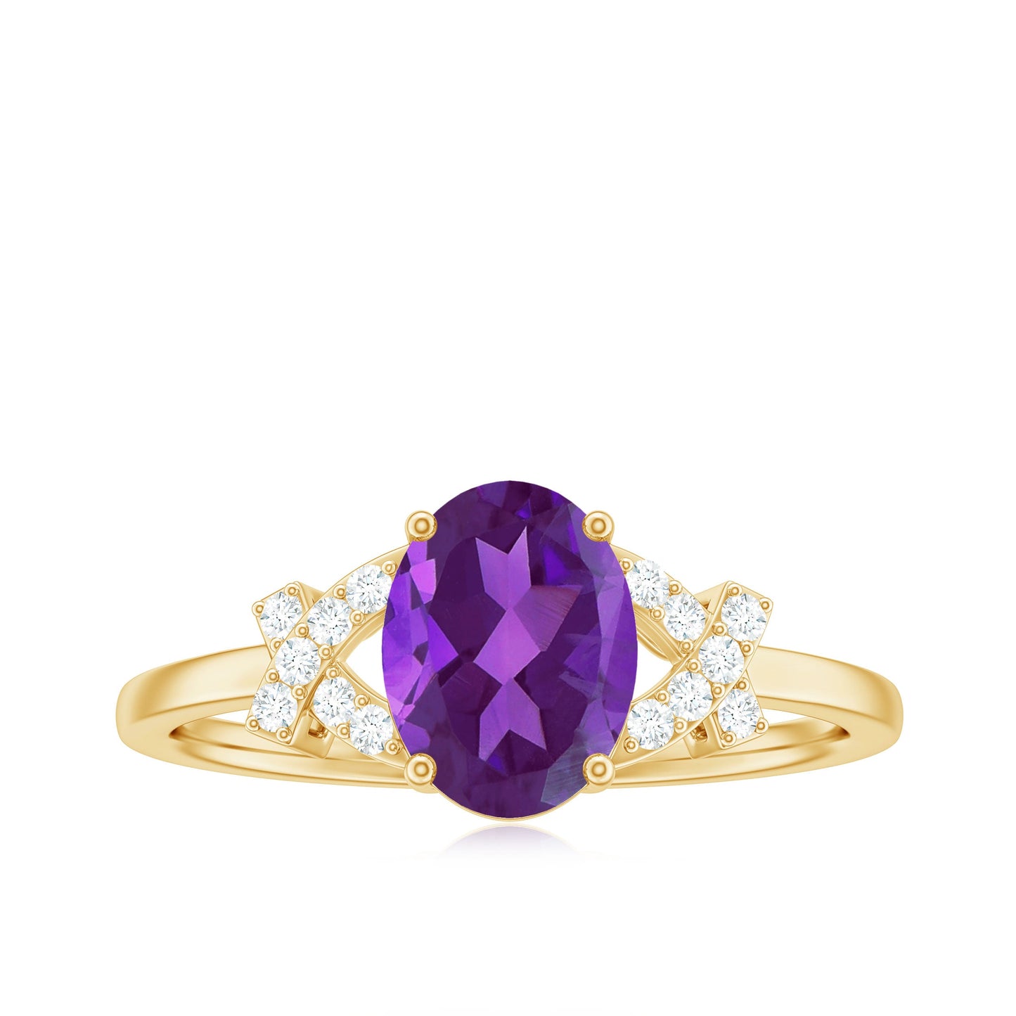 Oval Amethyst Solitaire Ring with Diamond in Split Shank