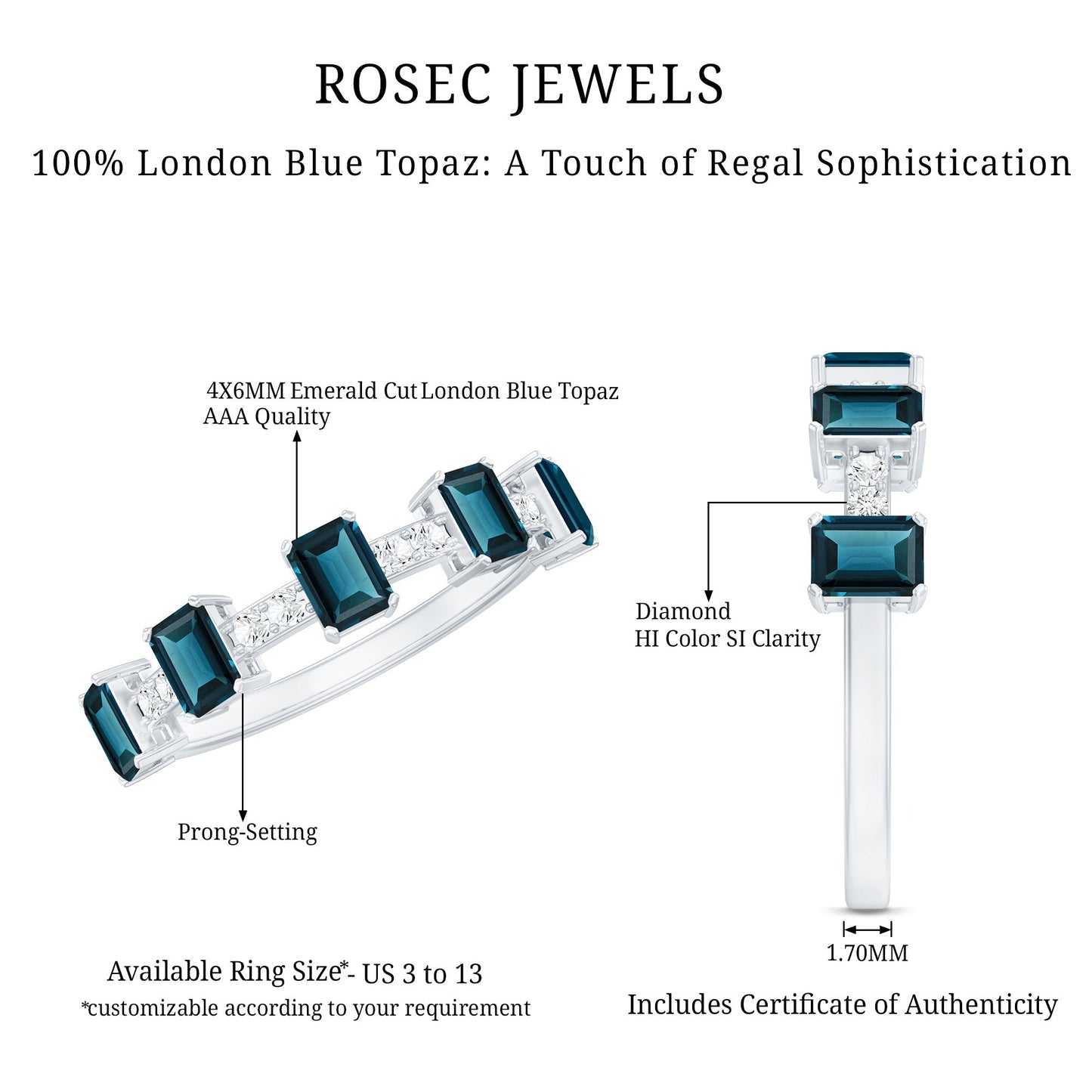 4X6mm Emerald Cut London Blue Topaz Half Eternity Band with Diamond