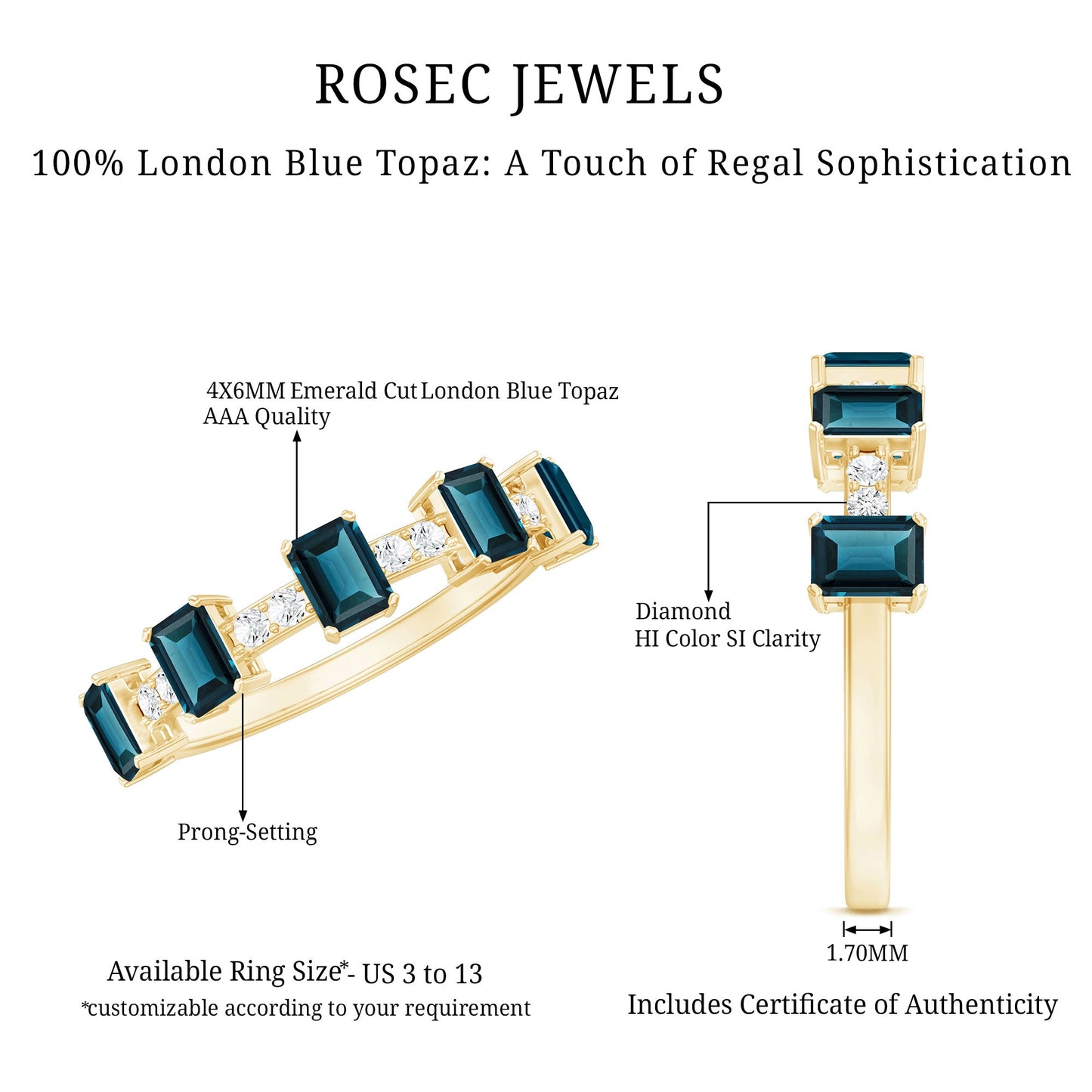 4X6mm Emerald Cut London Blue Topaz Half Eternity Band with Diamond