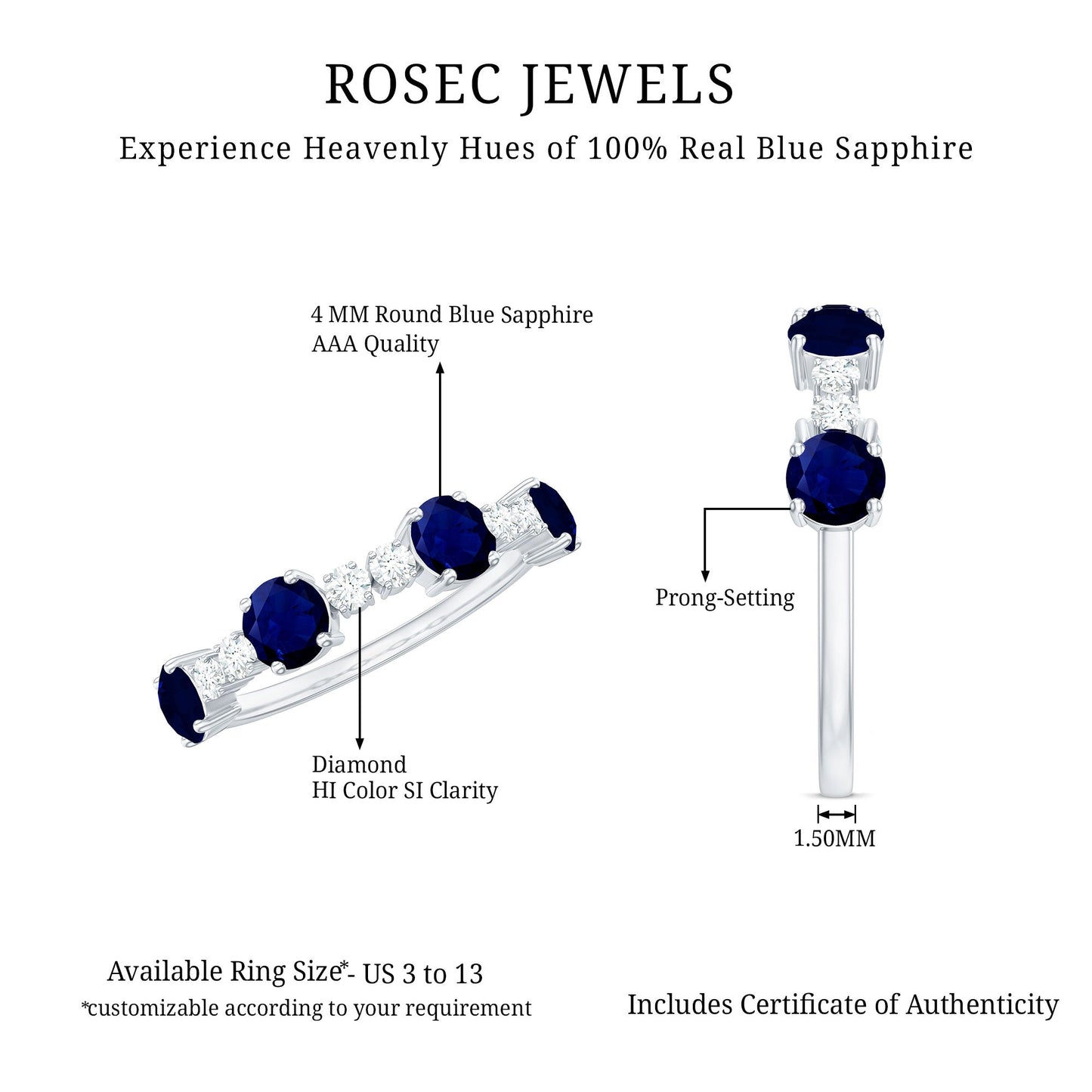 Real Blue Sapphire and Diamond Eternity Ring