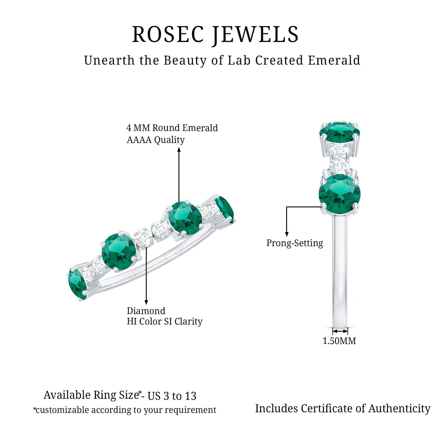 Certified Lab Grown Emerald Diamond Half Eternity Ring in Prong Set