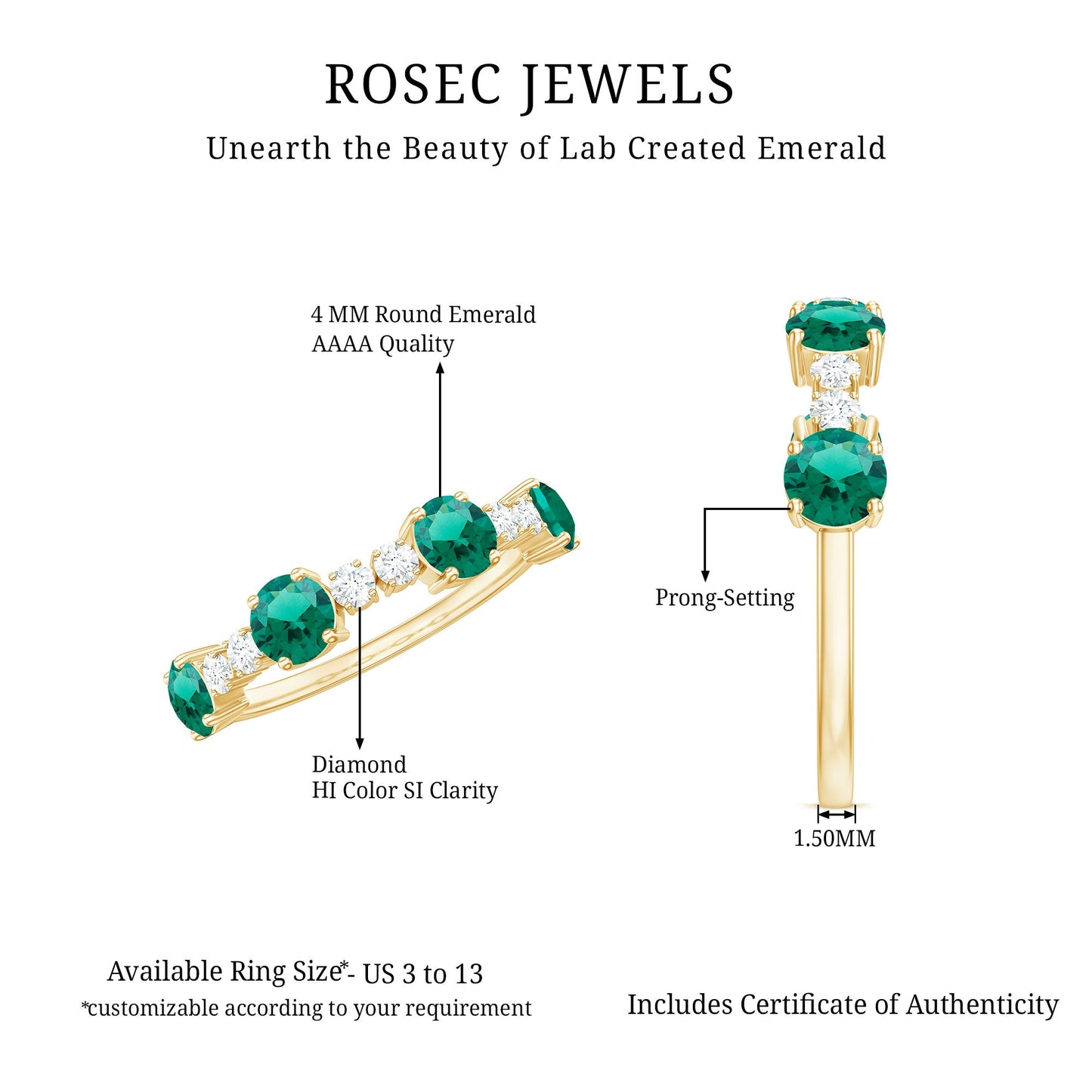 Certified Lab Grown Emerald Diamond Half Eternity Ring in Prong Set
