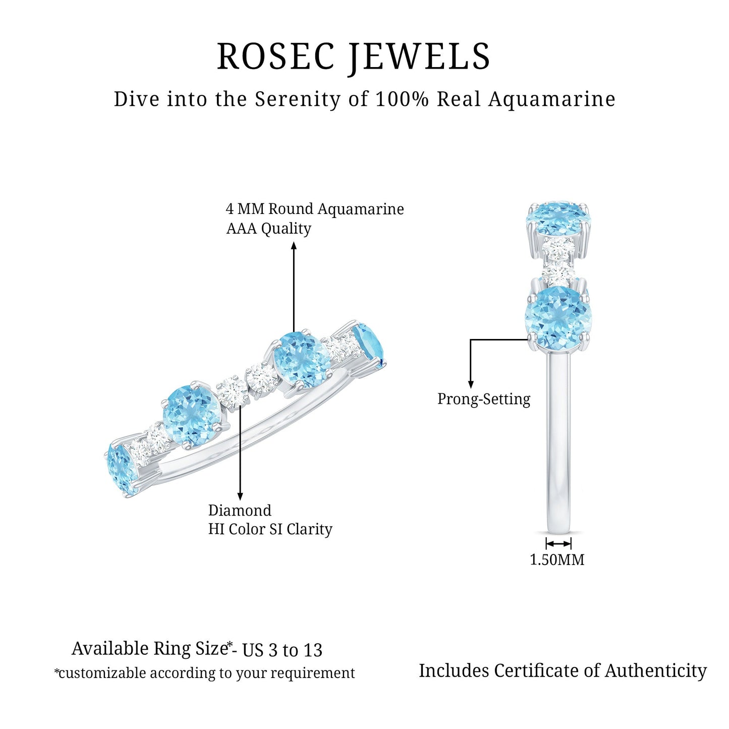 Aquamarine and Diamond Half Eternity Ring in Prong Setting