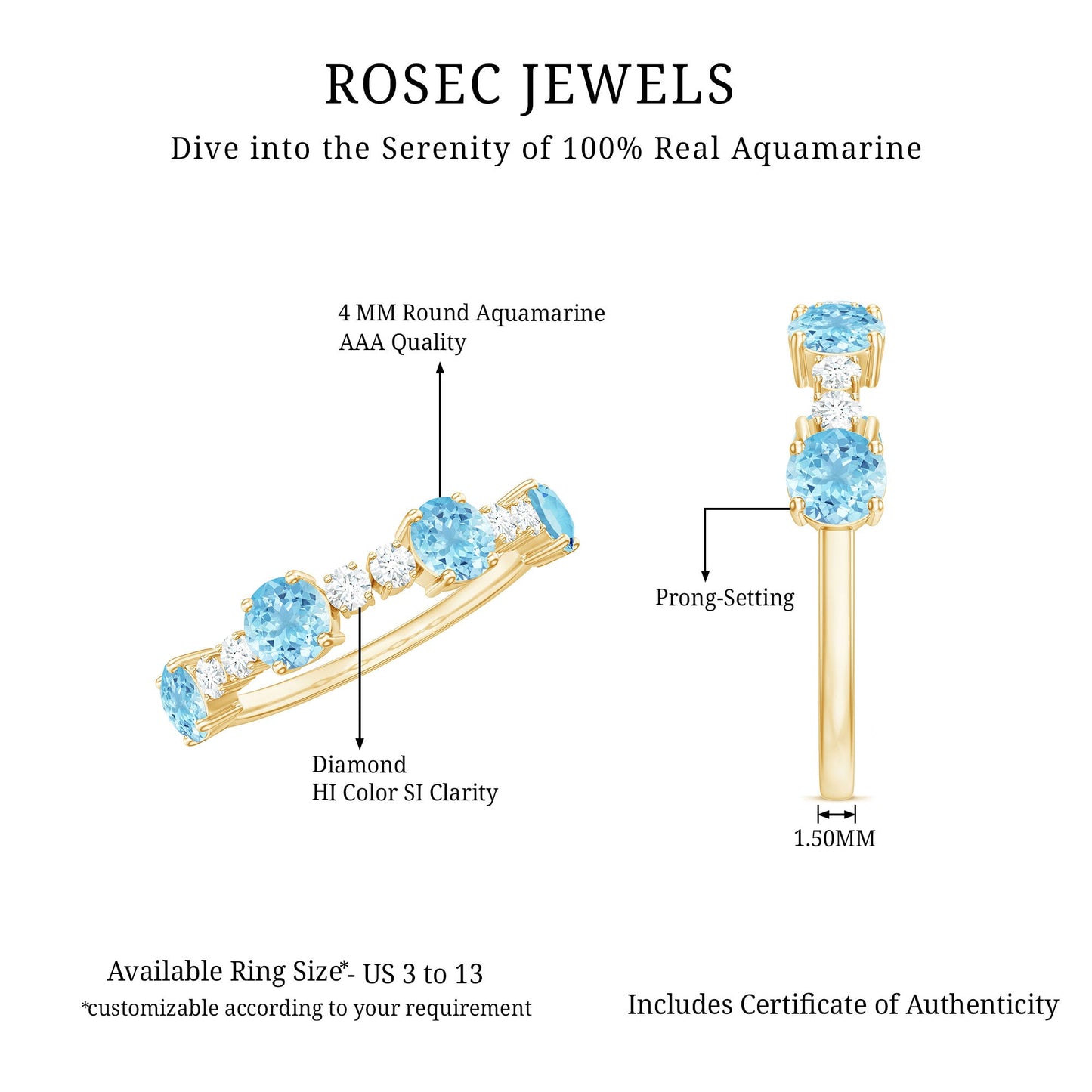 Aquamarine and Diamond Half Eternity Ring in Prong Setting