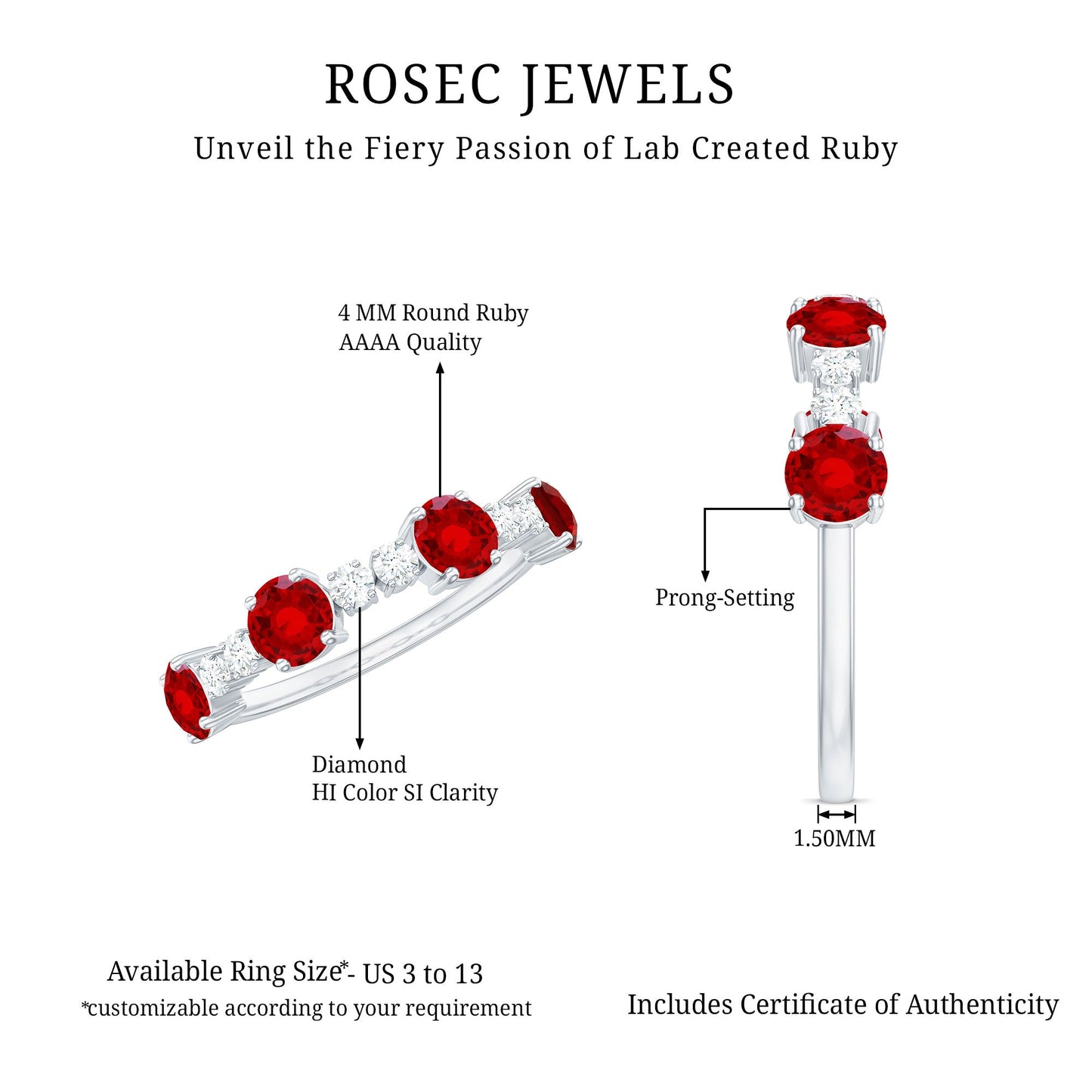 Certified Lab Grown Ruby Half Eternity Ring with Diamond