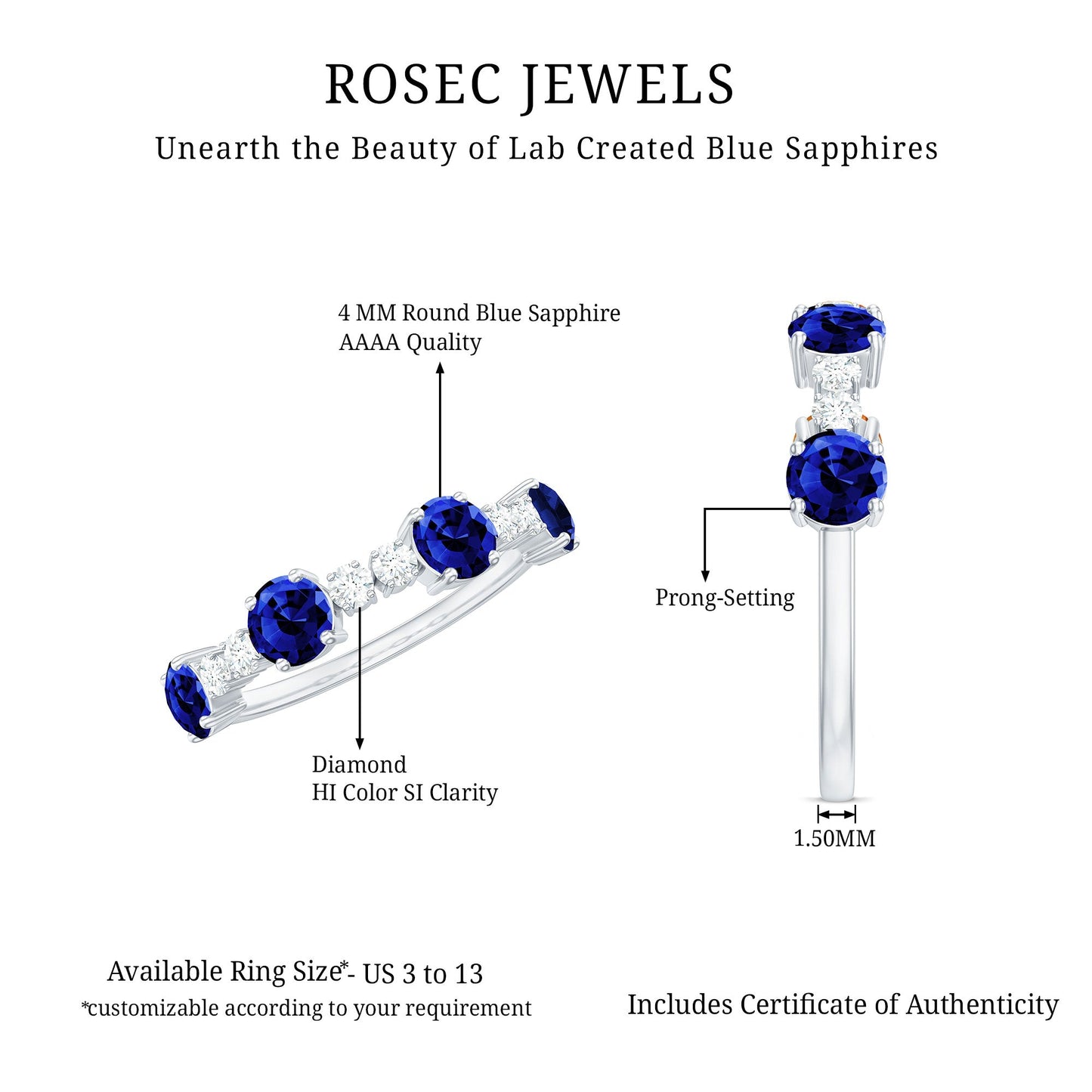 Certified Lab Grown Blue Sapphire Half Eternity Anniversary Ring with Diamond