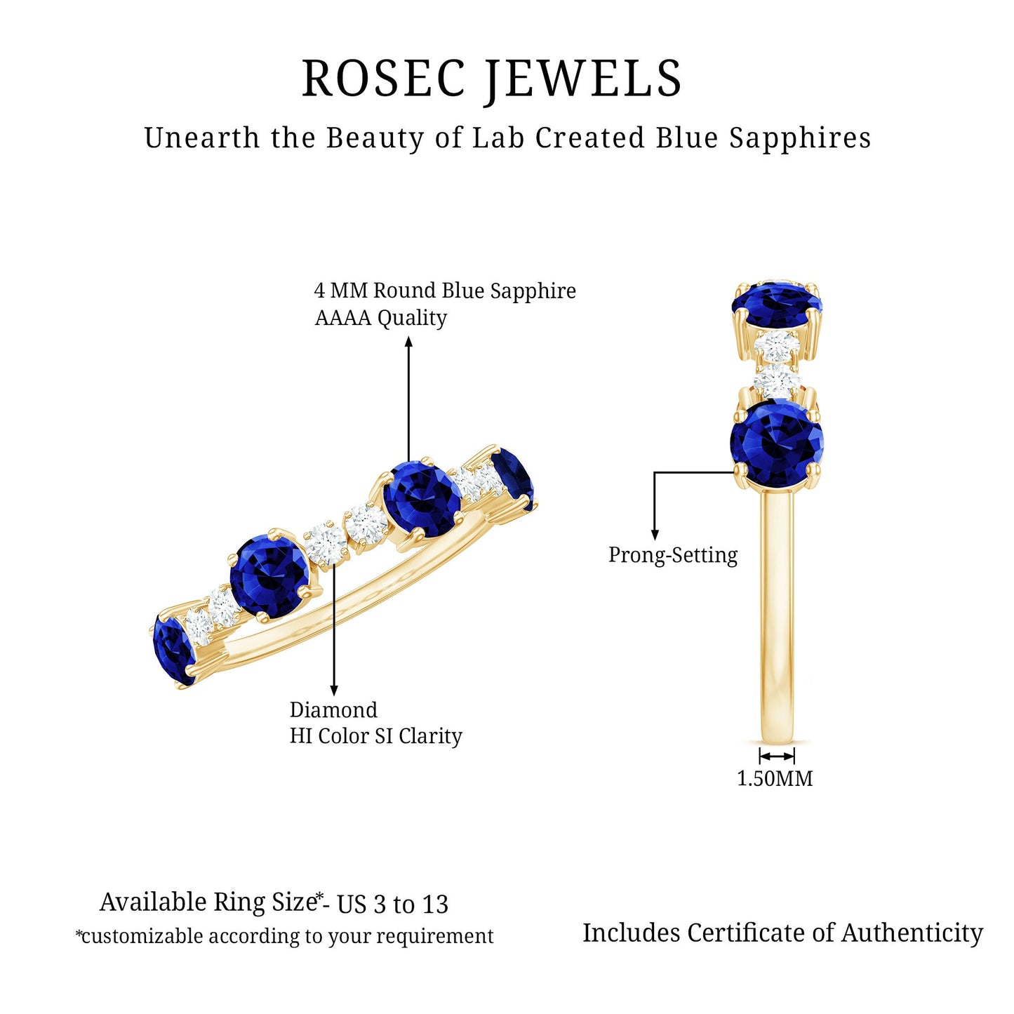 Certified Lab Grown Blue Sapphire Half Eternity Anniversary Ring with Diamond