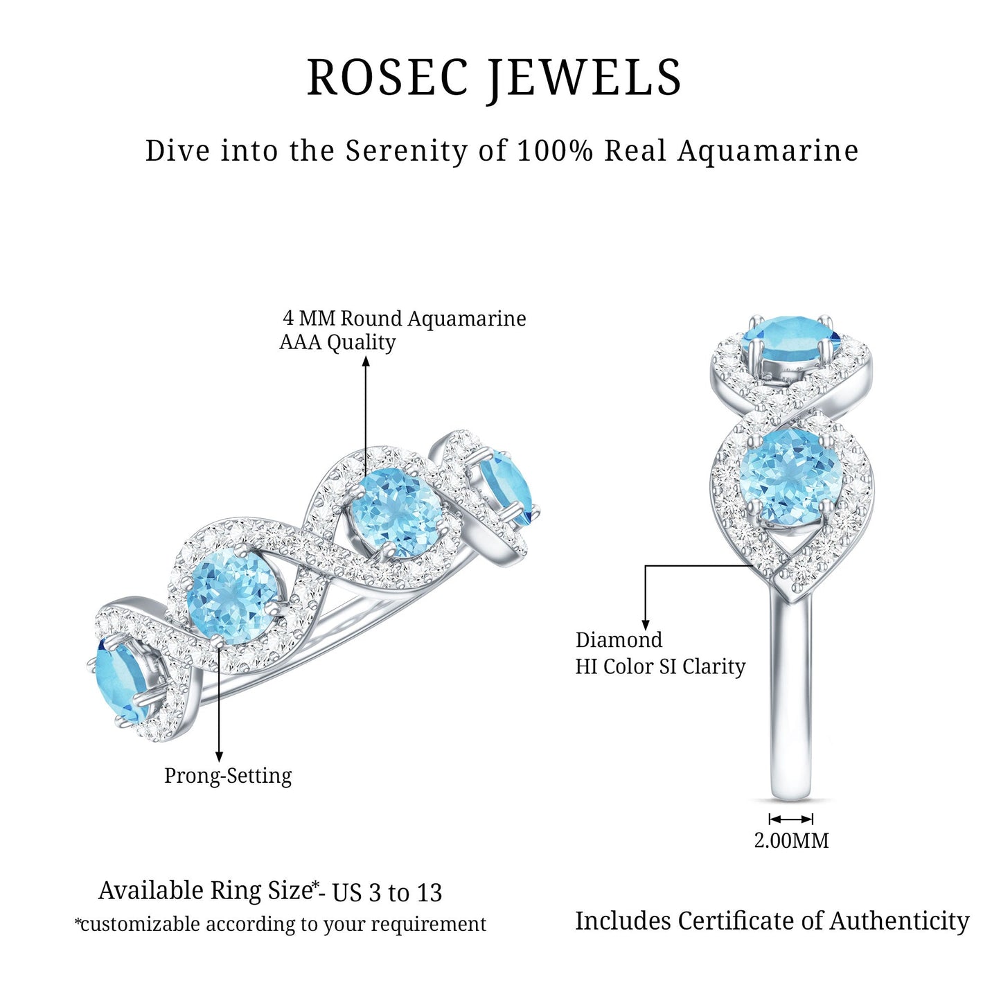 Braided Half Eternity Ring with Aquamarine and Diamond