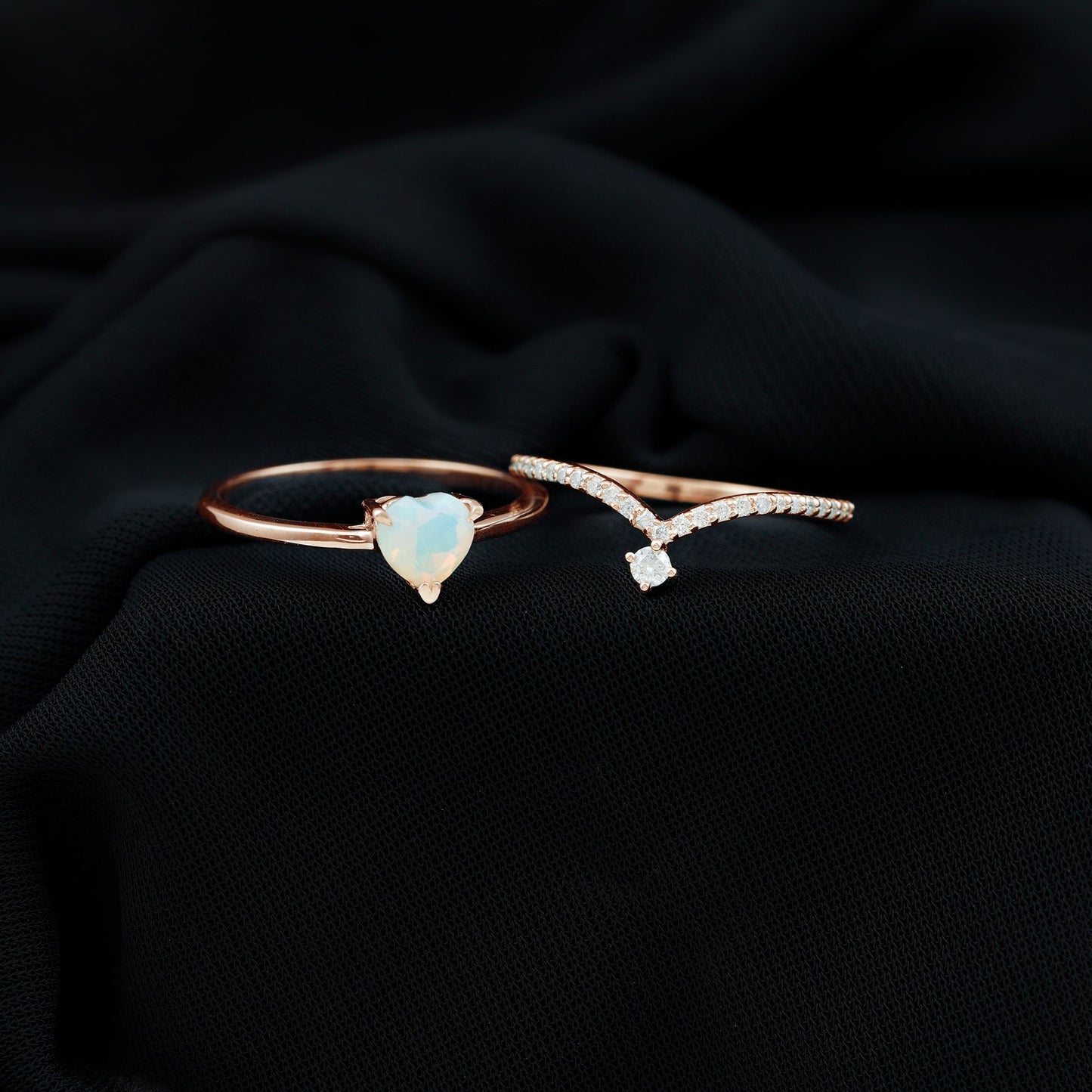 6mm Heart Ethiopian Opal Wedding Ring Set with Diamond