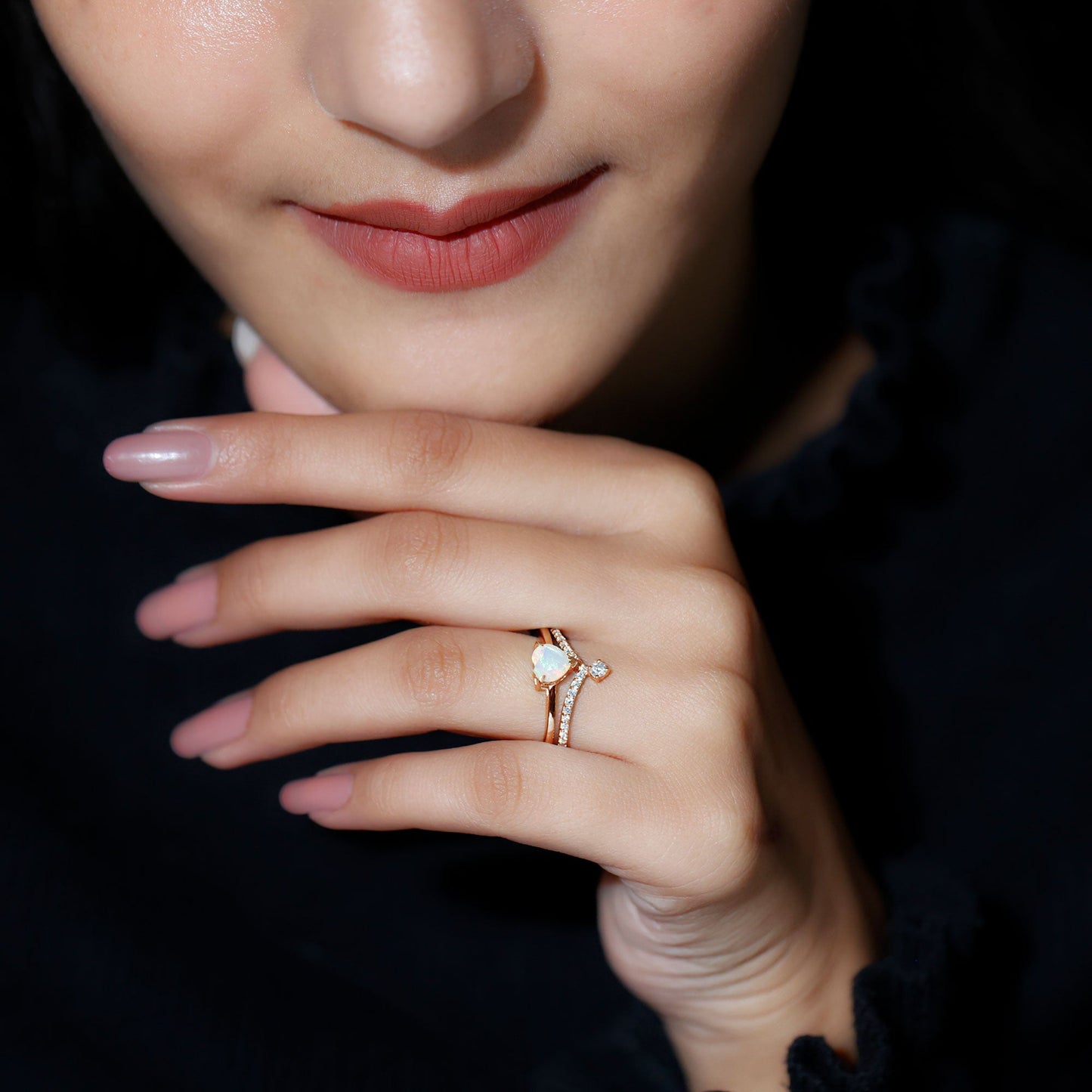 6mm Heart Ethiopian Opal Wedding Ring Set with Diamond