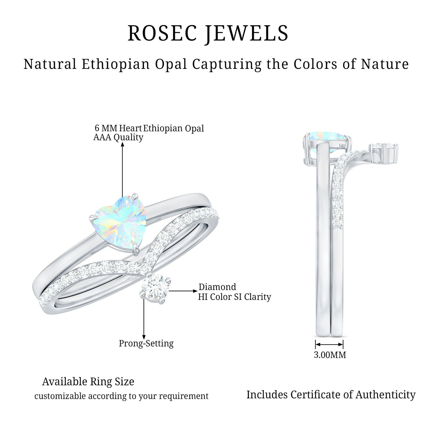 6mm Heart Ethiopian Opal Wedding Ring Set with Diamond