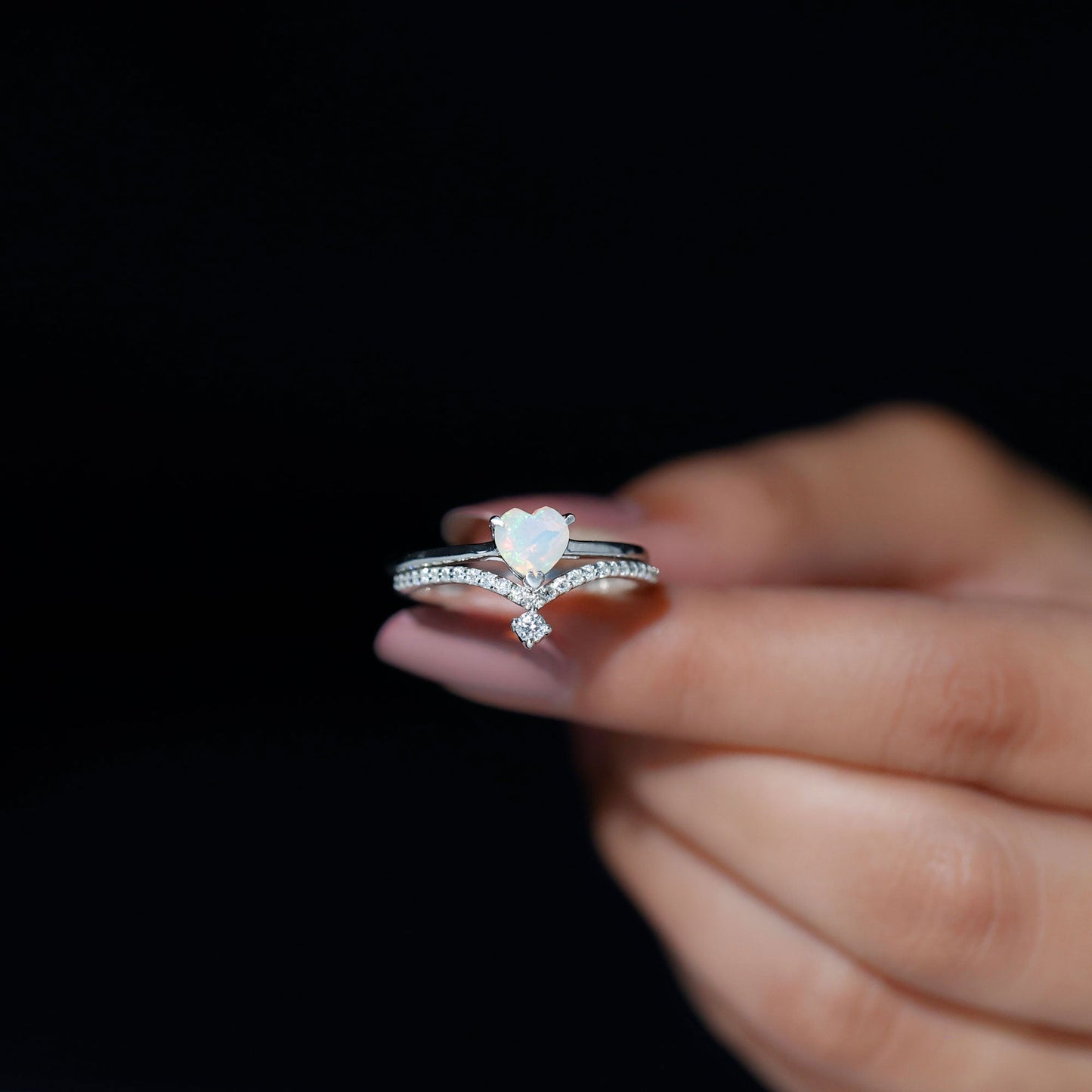 6mm Heart Ethiopian Opal Wedding Ring Set with Diamond