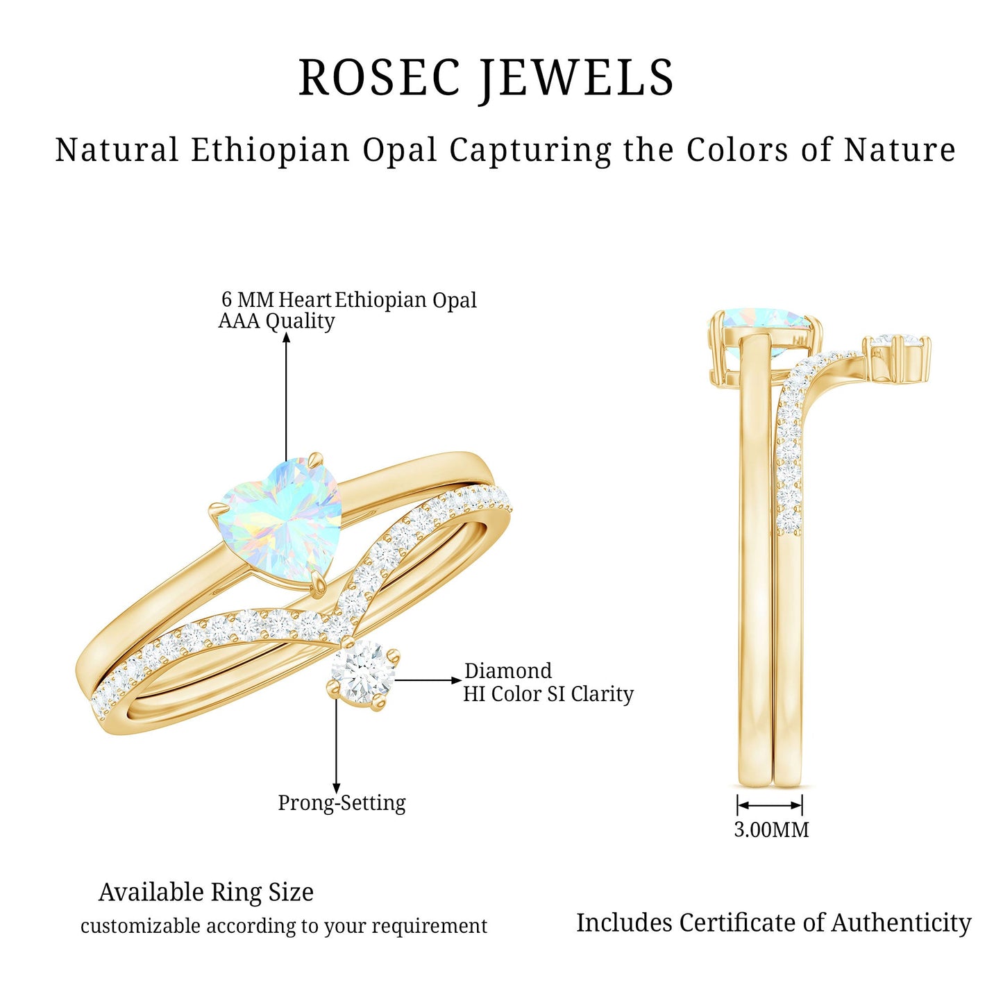 6mm Heart Ethiopian Opal Wedding Ring Set with Diamond
