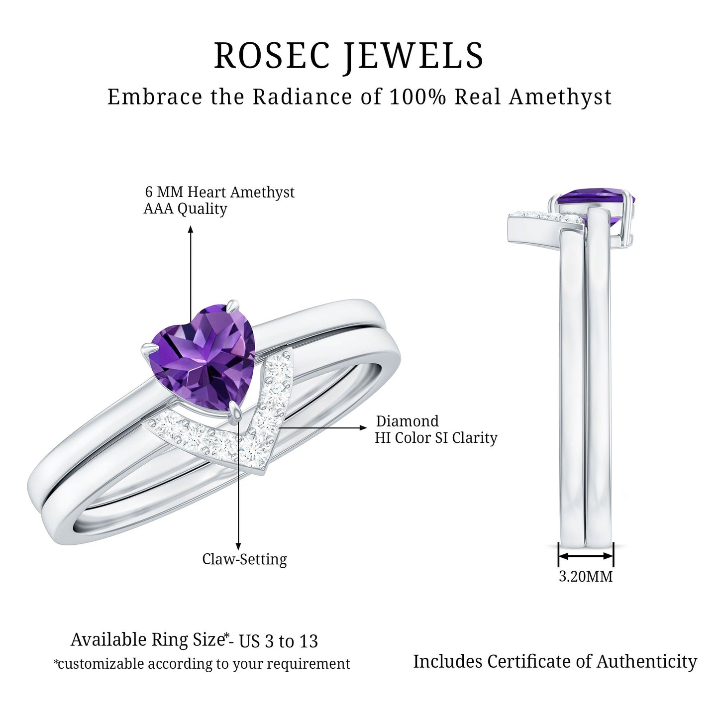 Heart Shape Amethyst and Diamond Ring Set