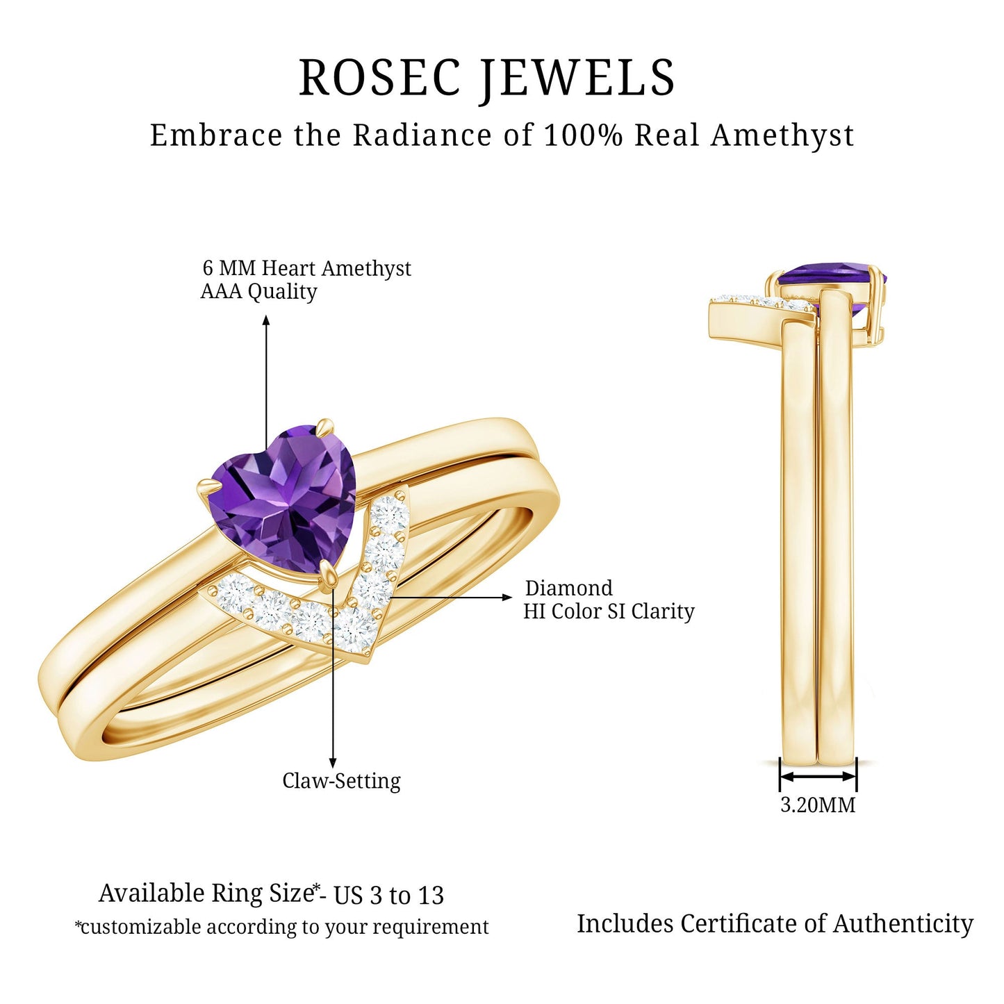 Heart Shape Amethyst and Diamond Ring Set