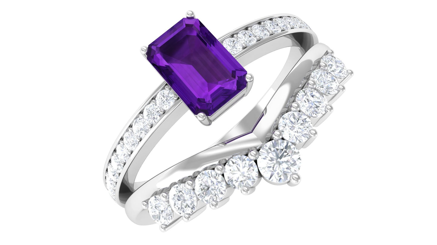 Octagon Cut Amethyst and Diamond Stackable Ring Set