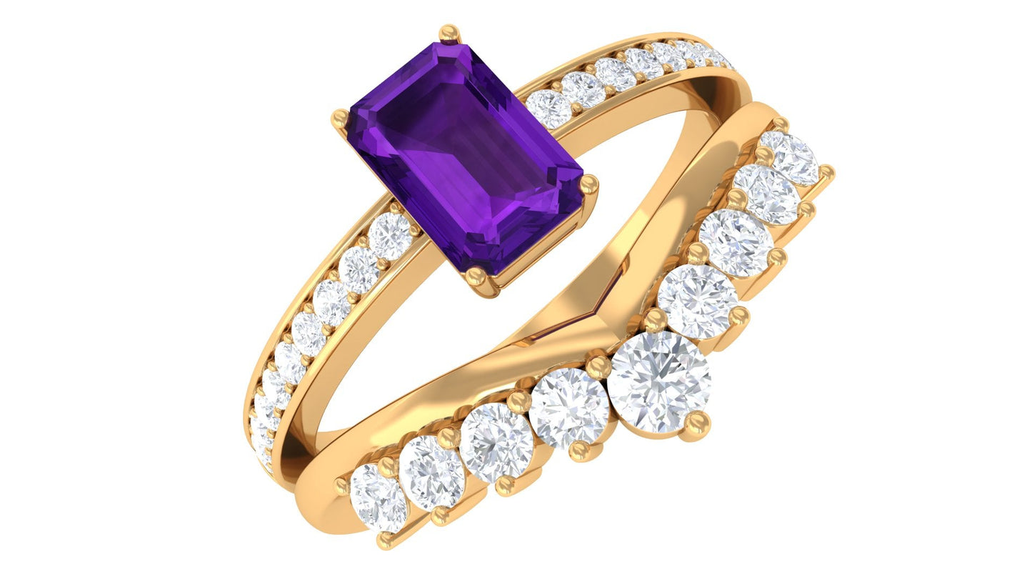 Octagon Cut Amethyst and Diamond Stackable Ring Set