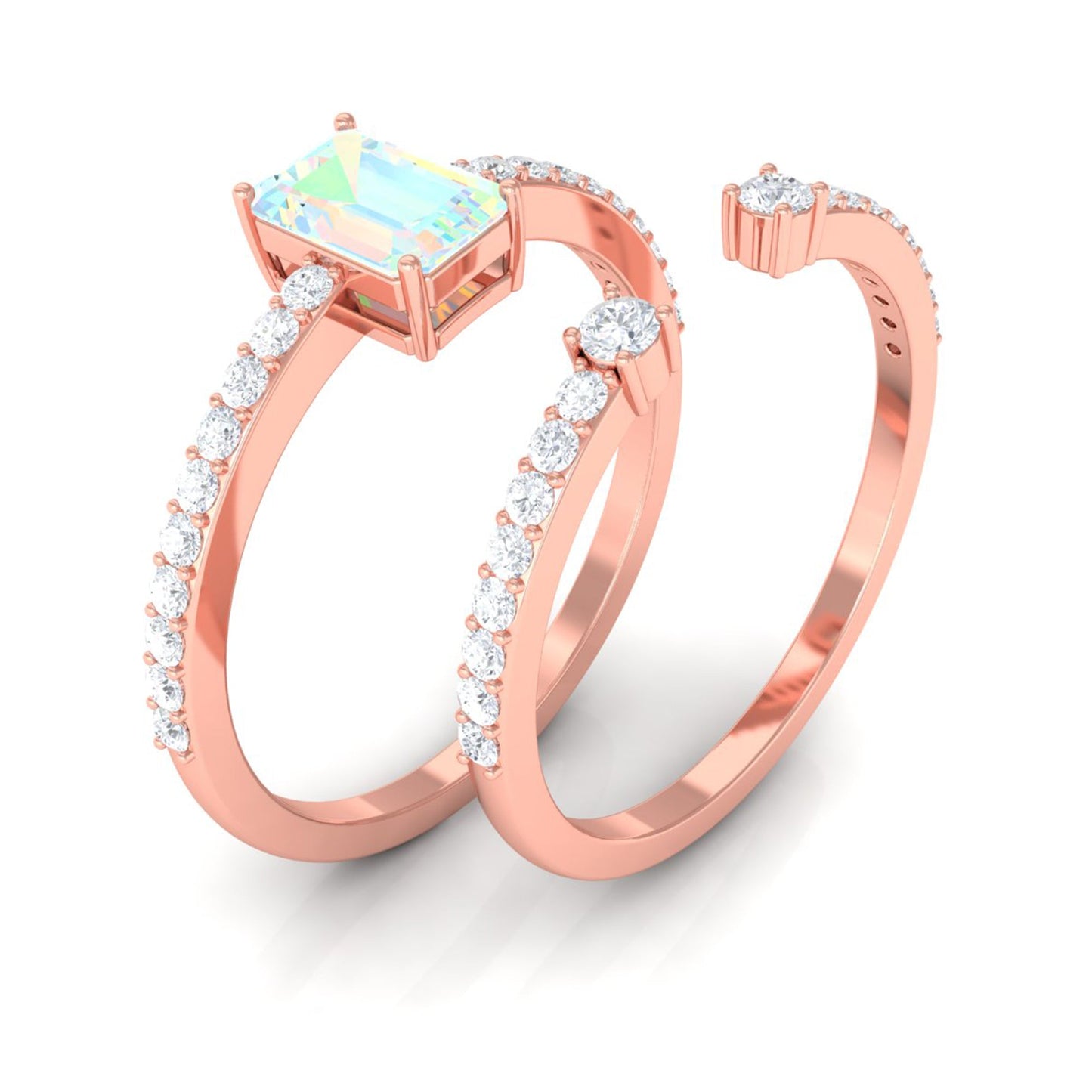 6X8mm Emerald Cut Ethiopian Opal Solitaire Engagement Ring Set with Diamond Band
