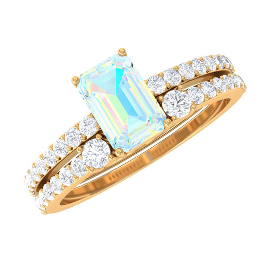 6X8mm Emerald Cut Ethiopian Opal Solitaire Engagement Ring Set with Diamond Band