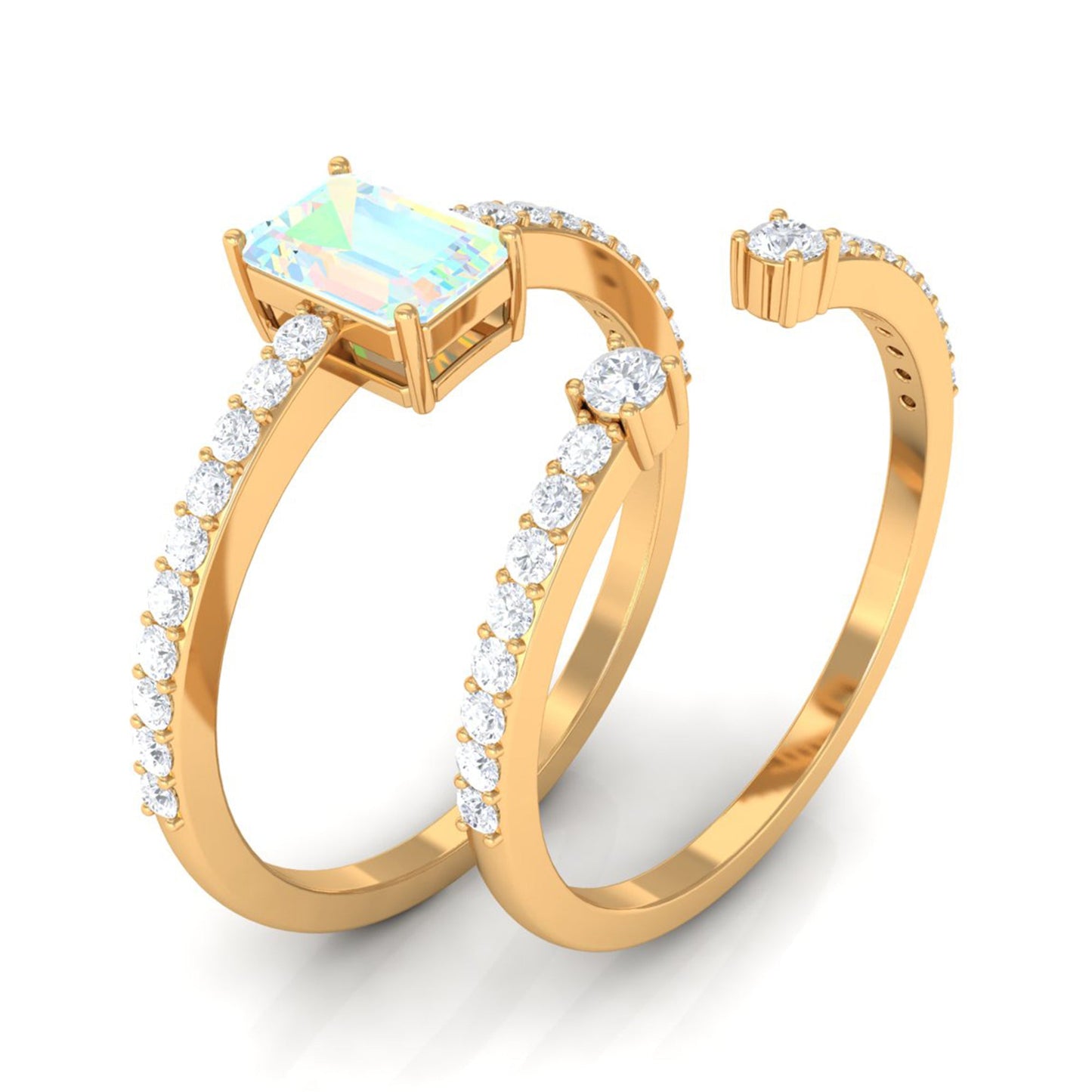 6X8mm Emerald Cut Ethiopian Opal Solitaire Engagement Ring Set with Diamond Band