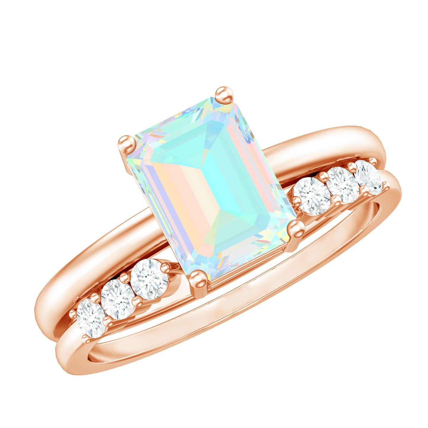 6x8mm Emerald Cut Ethiopian Opal Solitaire Ring Set with Diamond Enhancer