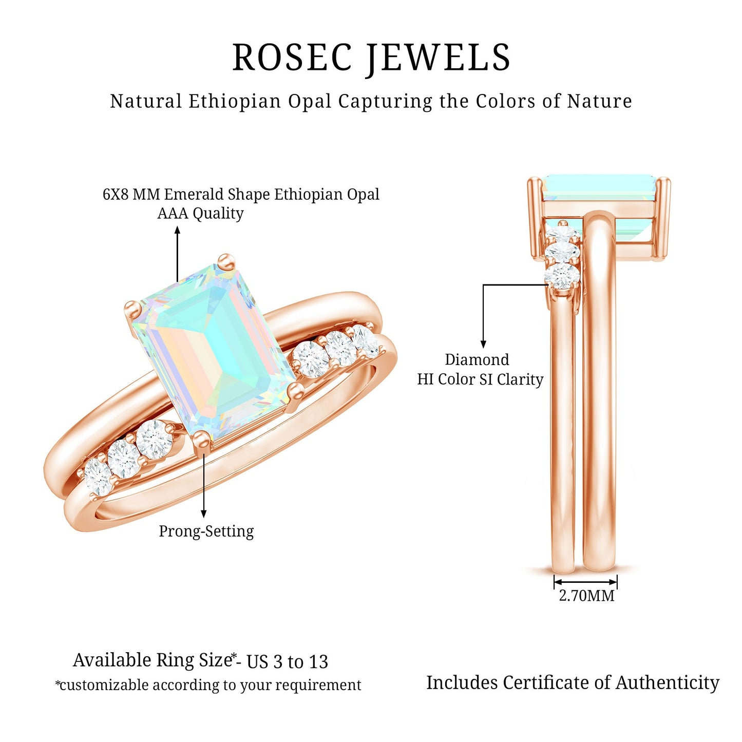 6x8mm Emerald Cut Ethiopian Opal Solitaire Ring Set with Diamond Enhancer