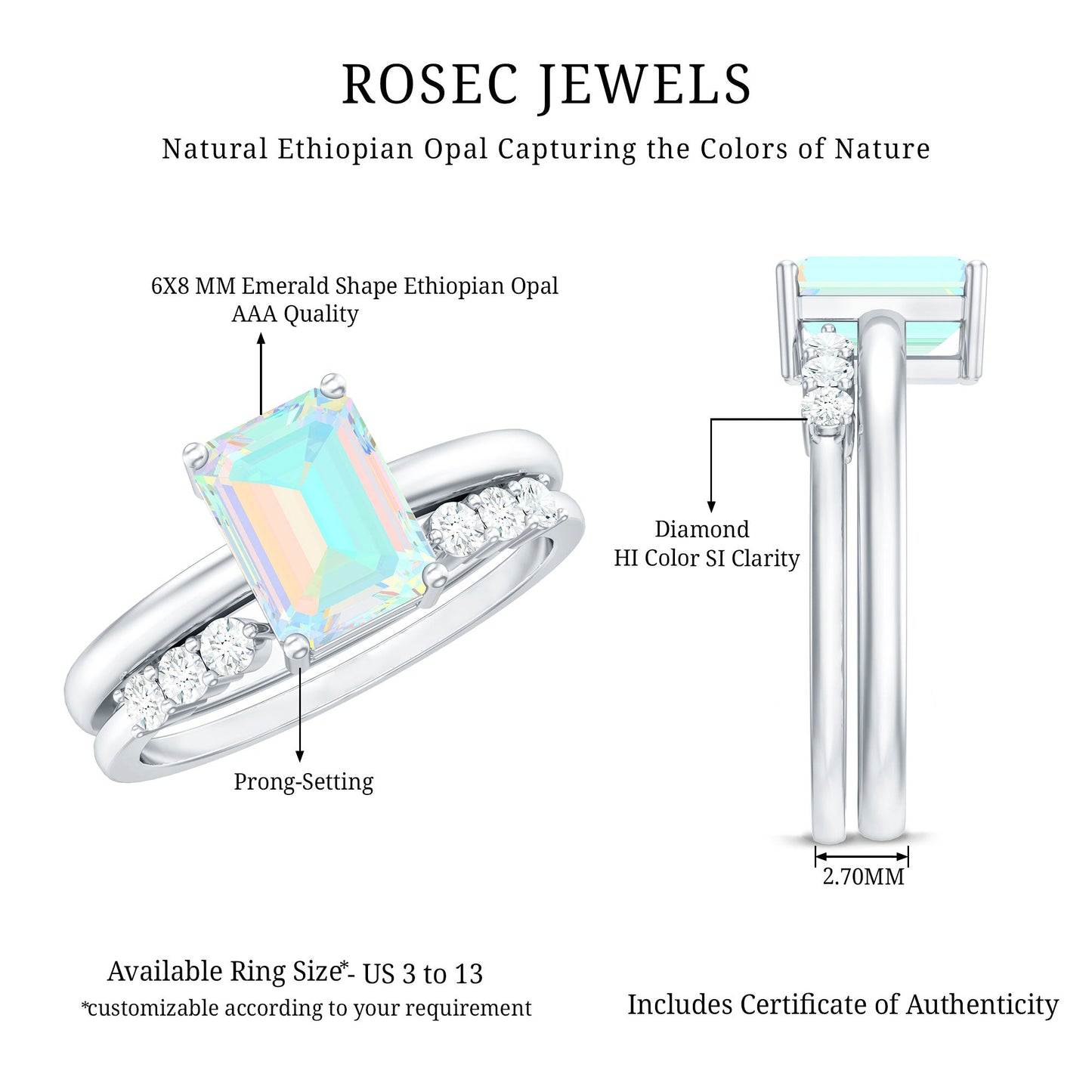 6x8mm Emerald Cut Ethiopian Opal Solitaire Ring Set with Diamond Enhancer